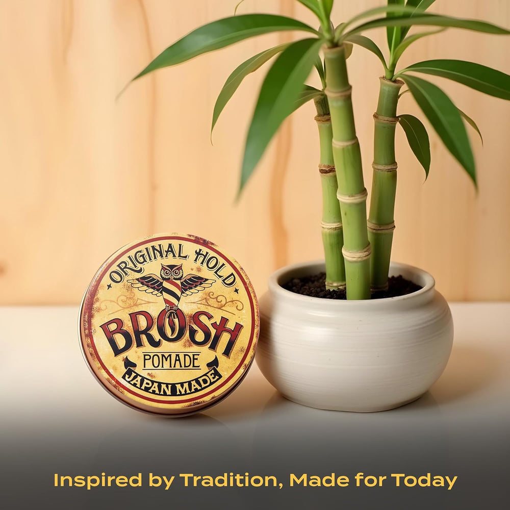 BROSH Original Pomade packaging close-up emphasizes durable, metal container.