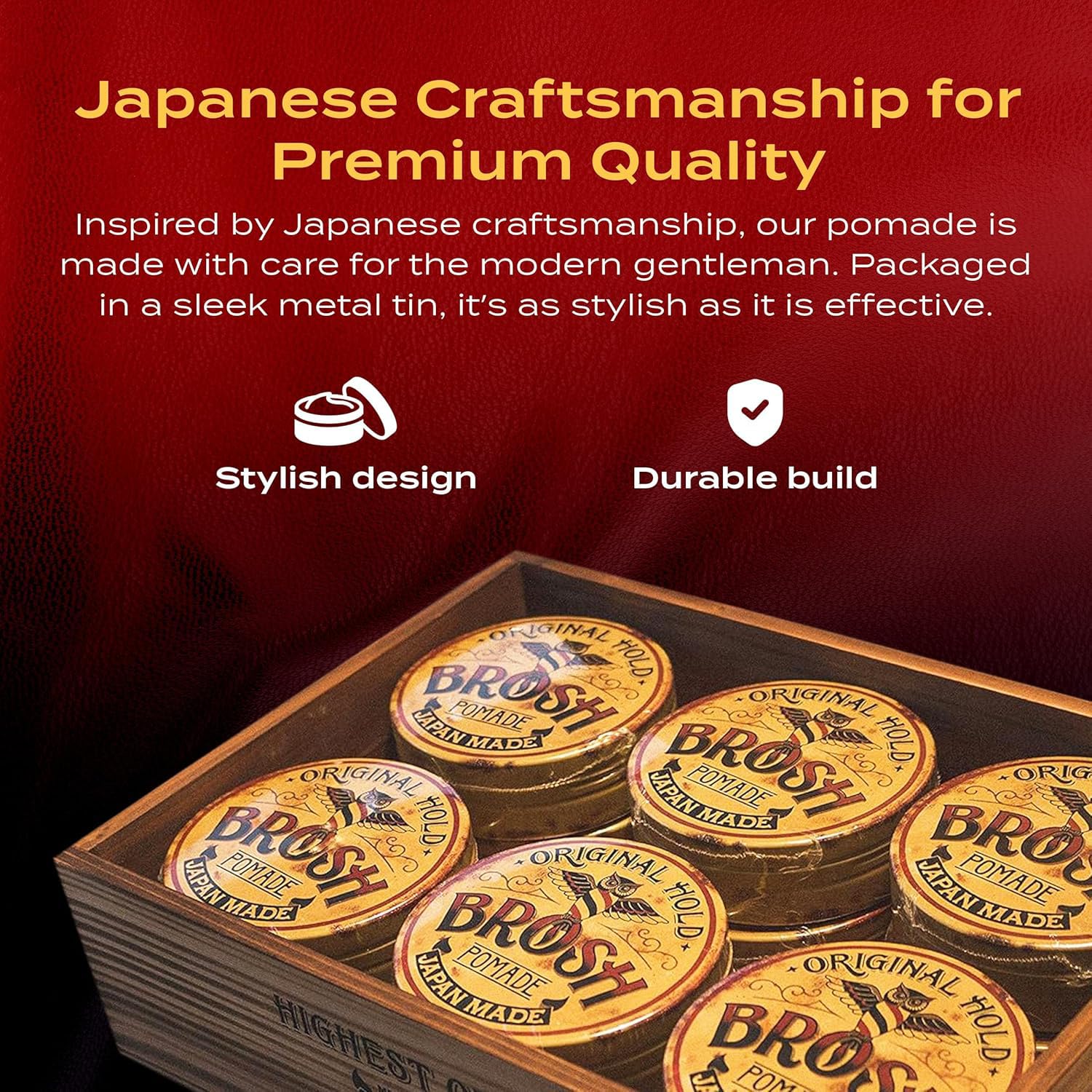 BROSH Original Pomade strong hold image emphasizes all-day style.