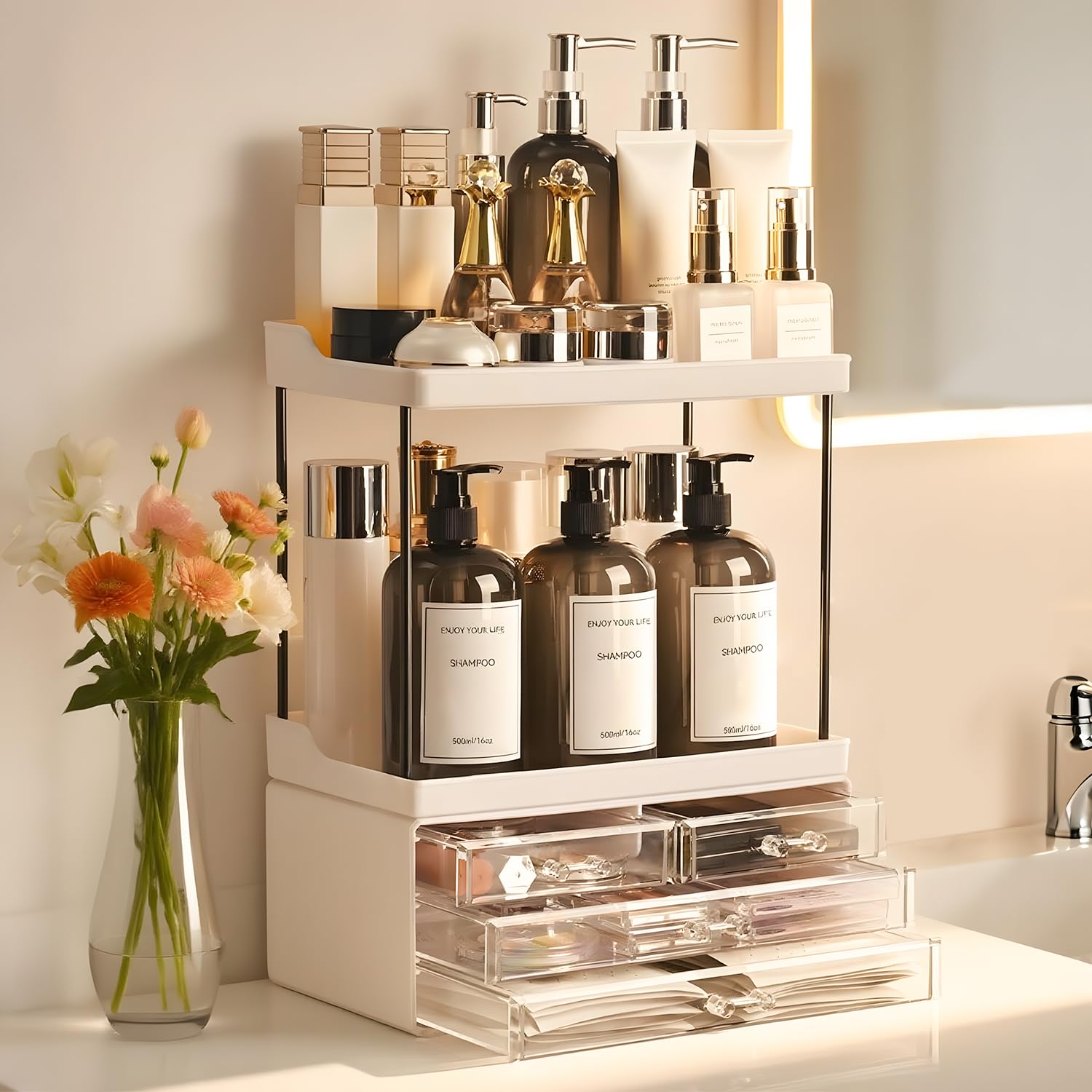 Brothersbox bathroom-organizer-5tier-4drawer keeps cosmetics visible and accessible.