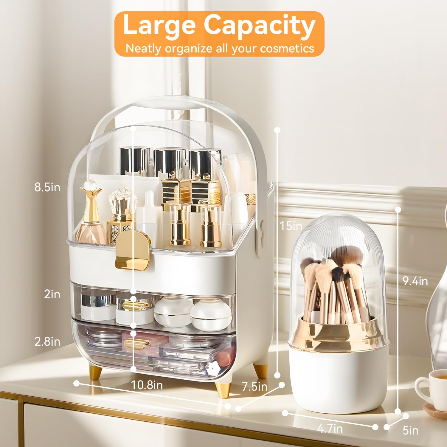 Brothersbox makeup organizer rose gold dustproof lid shields contents while keeping visibility clear