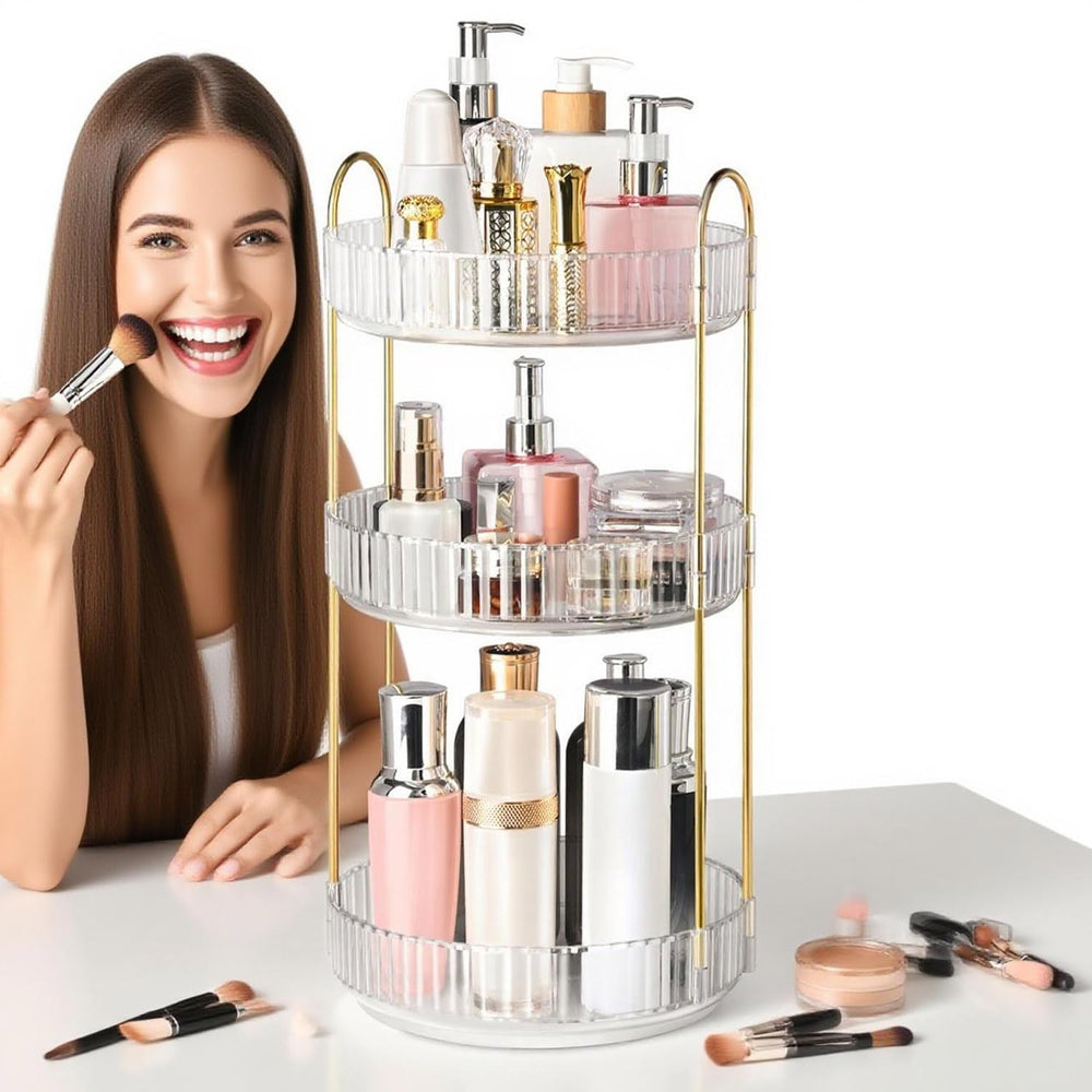 Brothersbox vanity rotating organizer in clear view enhances makeup selection.