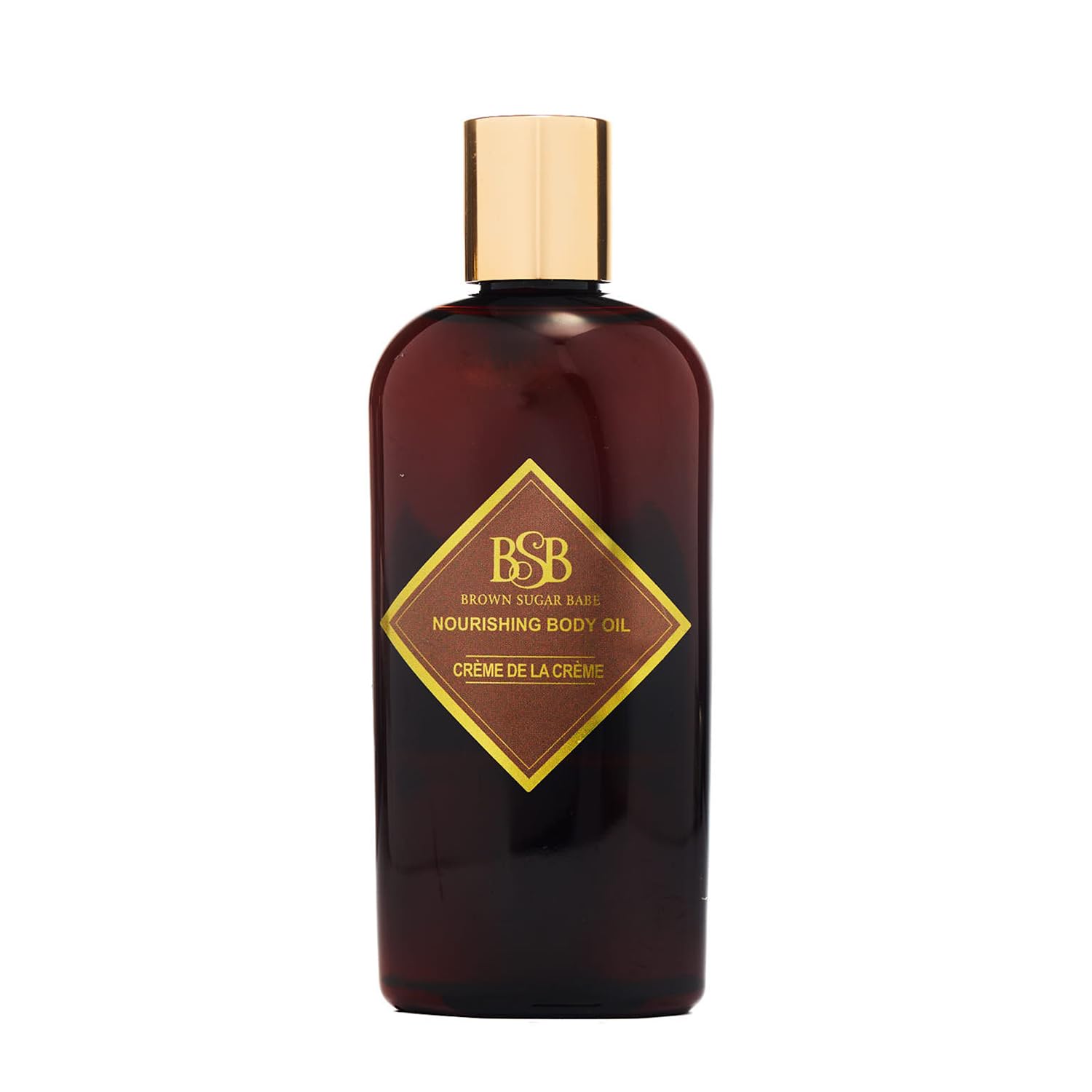 Brown Sugar Babe Creme de la Creme bottle shows luxe body oil for daily hydration and scent.
