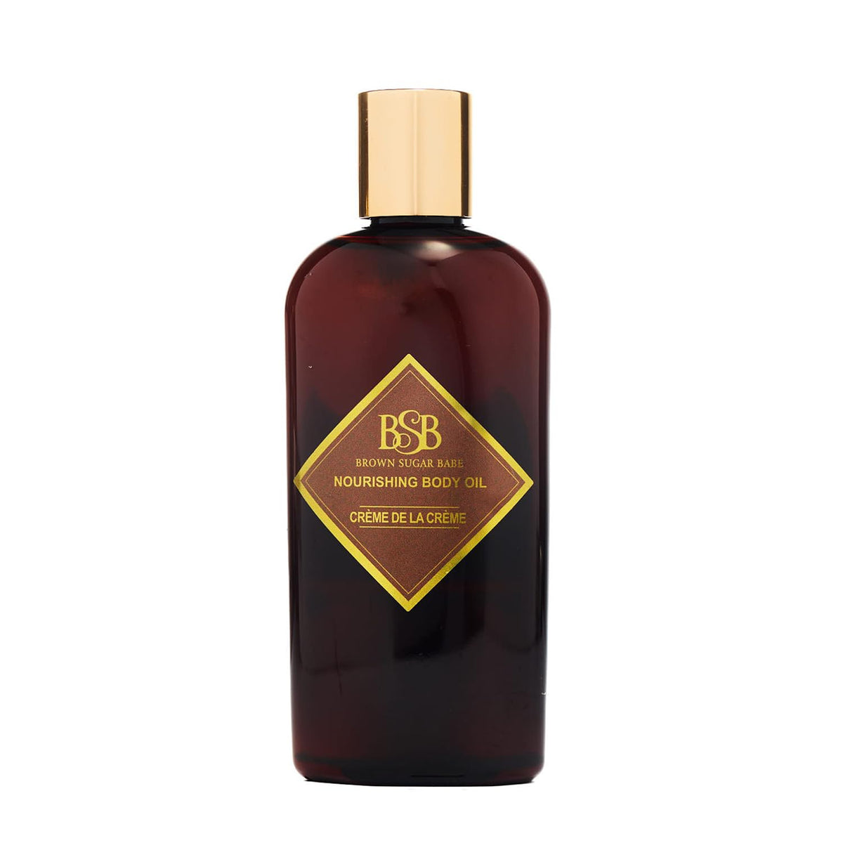 Brown Sugar Babe Creme de la Creme bottle shows luxe body oil for daily hydration and scent.