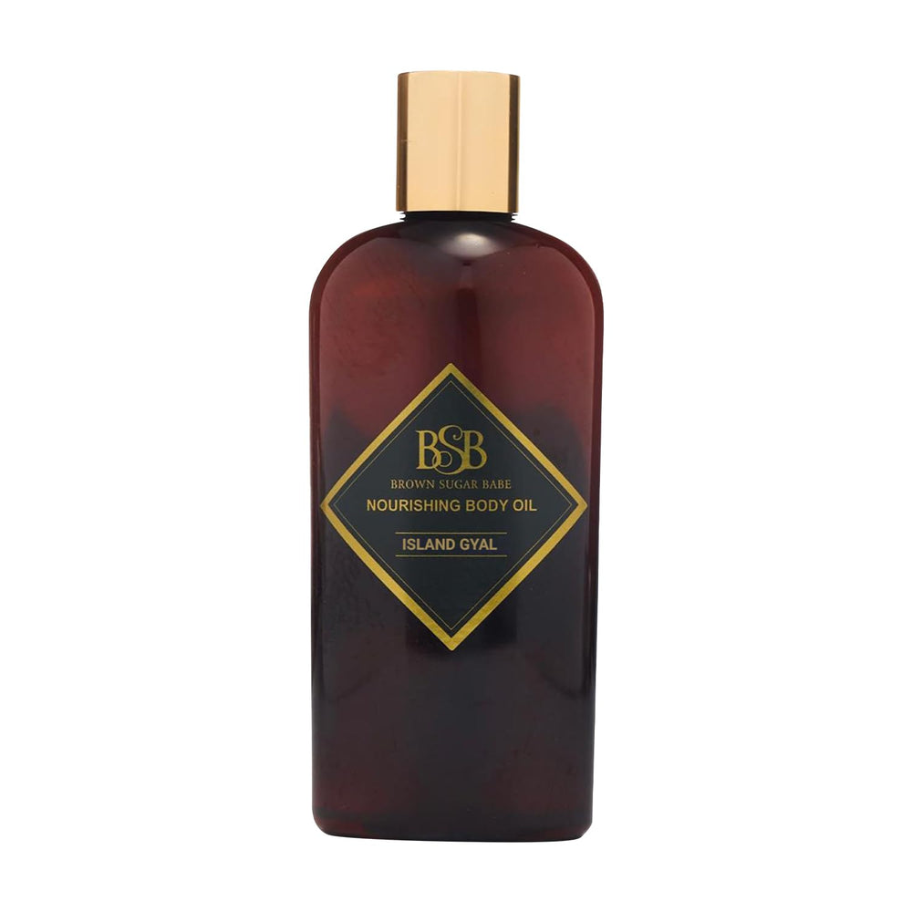 Brown Sugar Babe Island Gyal Body Oil bottle close-up highlights silky hydration.