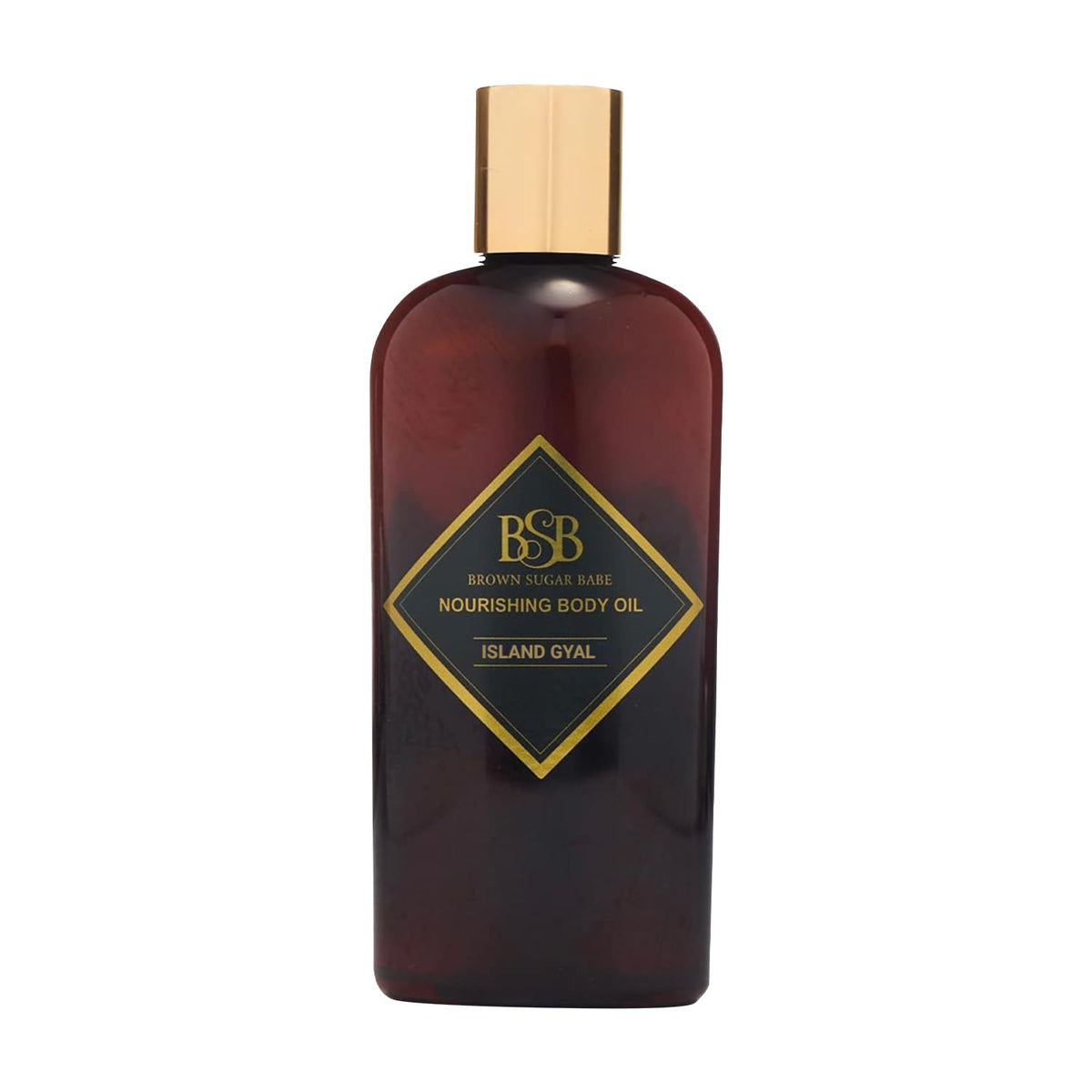 Brown Sugar Babe Island Gyal Body Oil bottle close-up highlights silky hydration.