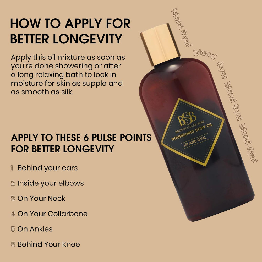 Brown Sugar Babe Island Gyal Body Oil massaged into hands for soft skin.