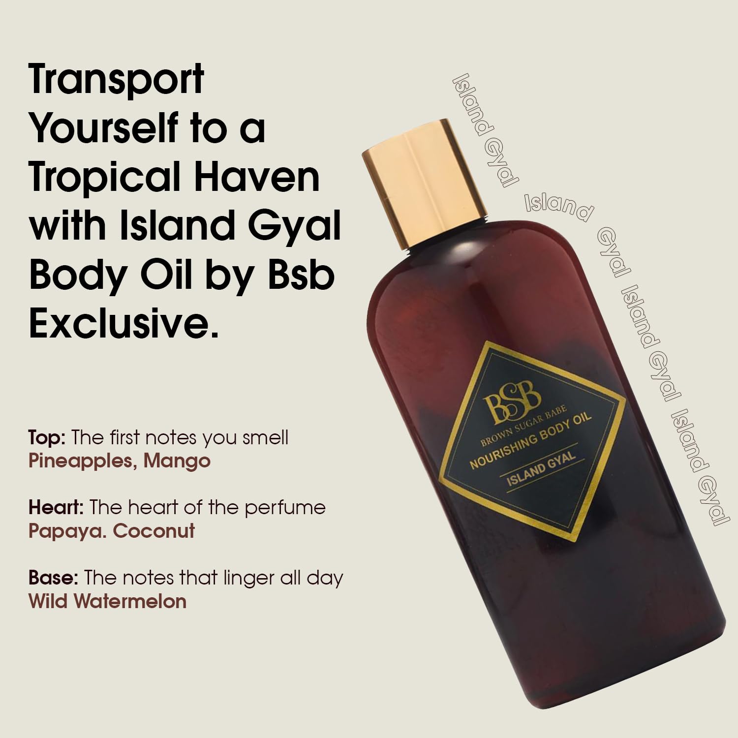 Brown Sugar Babe Island Gyal Body Oil proudly labeled Made in USA.