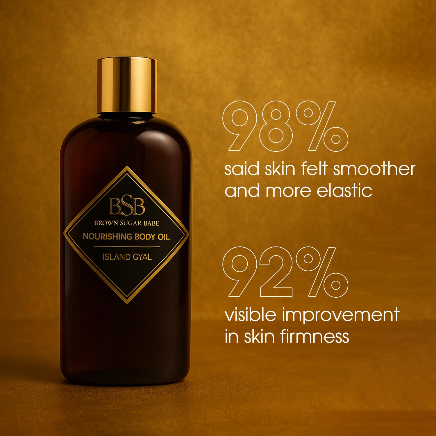 Brown Sugar Babe Island Gyal Body Oil droplets highlight nourishing texture.