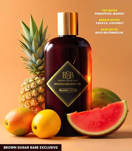 Brown Sugar Babe Island Gyal Body Oil packaging showcases premium, paraben-free care.