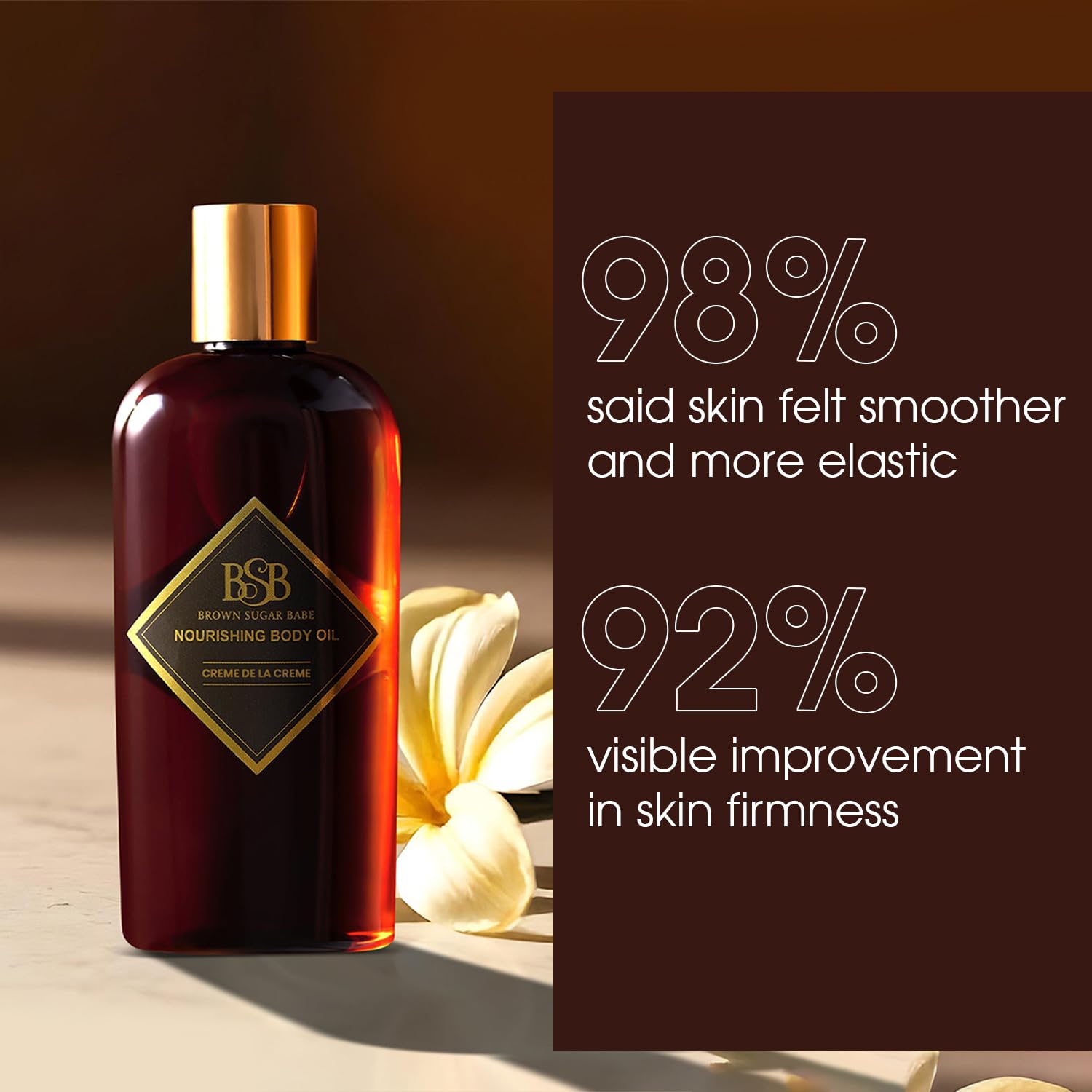 Brown Sugar Babe silky-soft application shows easy absorption and smooth skin.