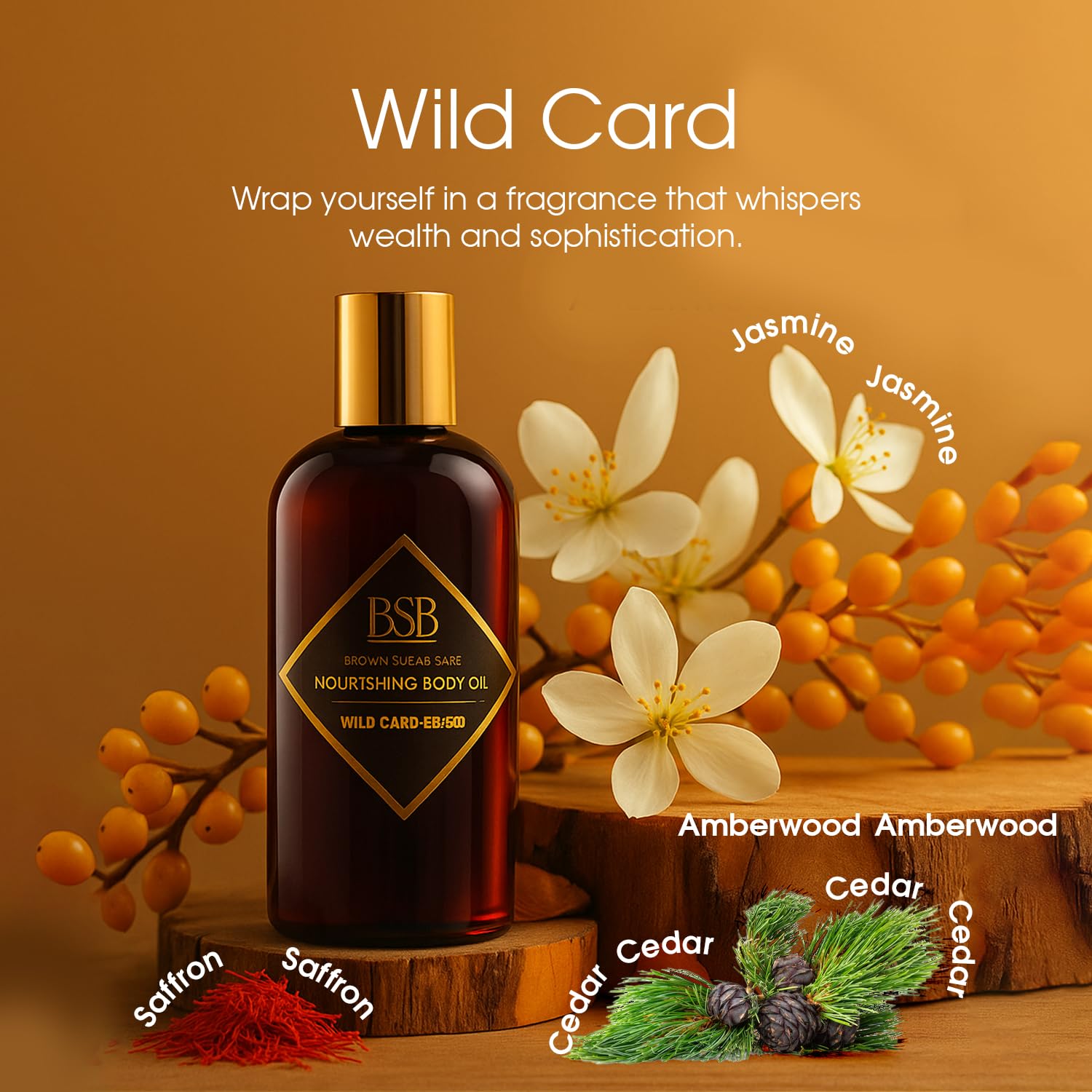 Brown Sugar Babe Wild Card bottle closeup highlights jasmine-cedar scent on skin.