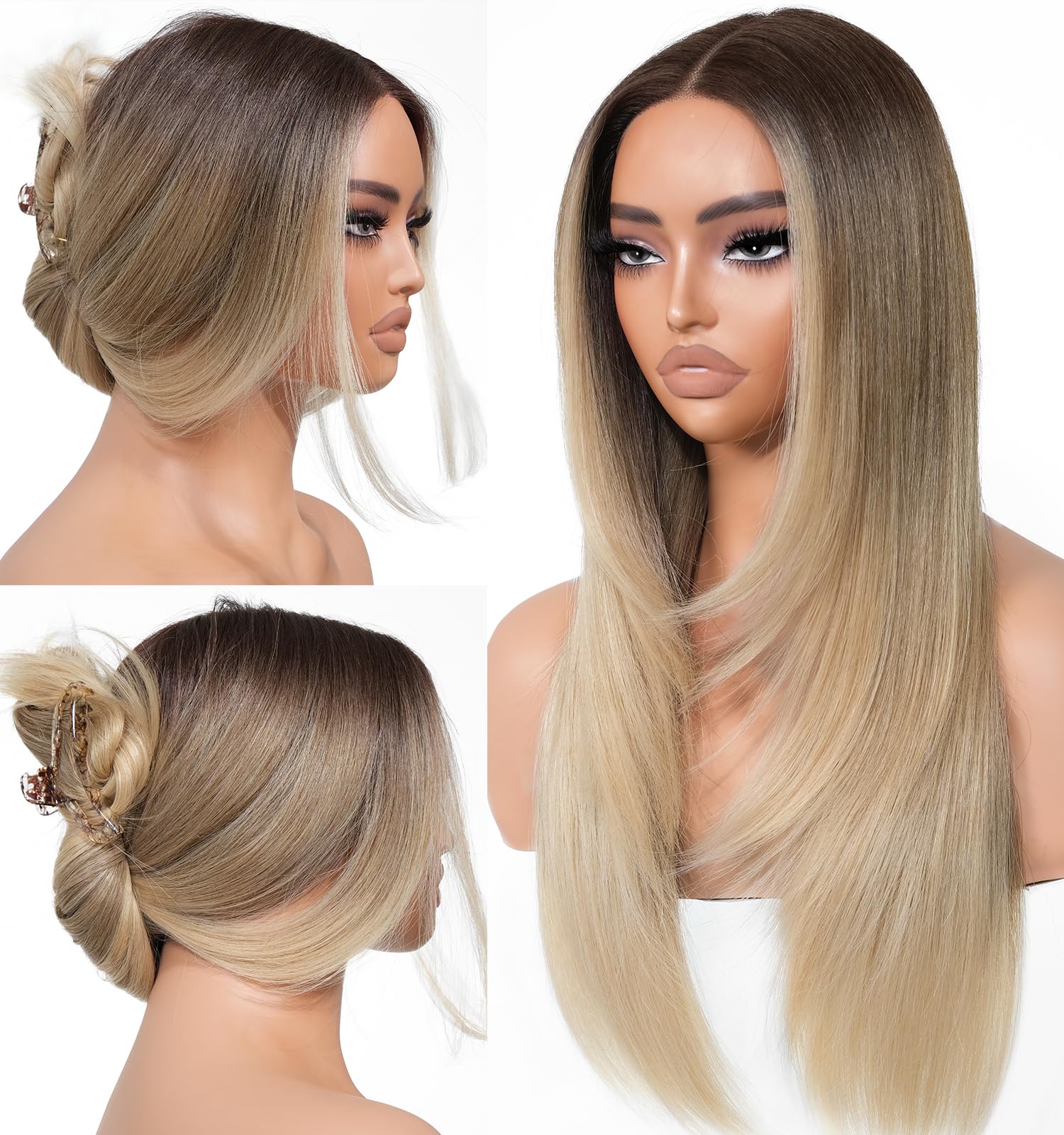 BrownBomb Ombre Blonde wig front view showing long layered straight style for daily elegance