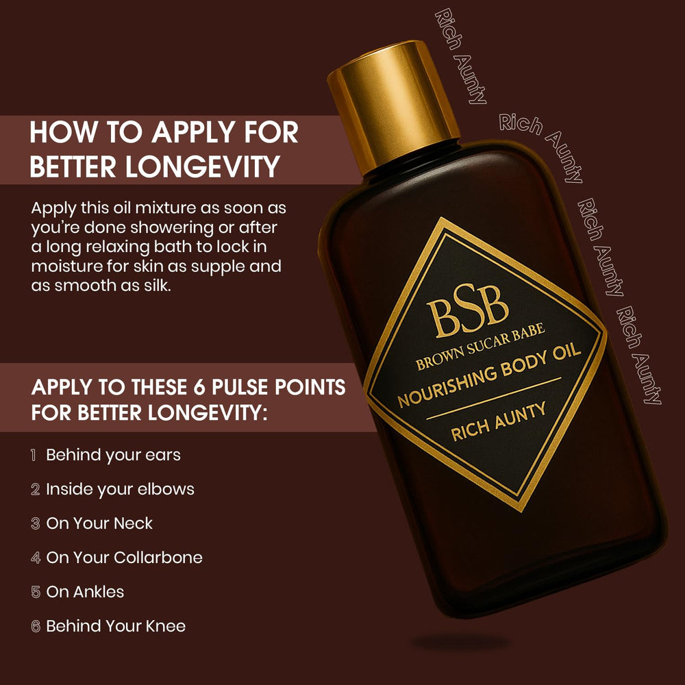 Brown Sugar Babe Rich Aunty Oil application scene on forearm.
