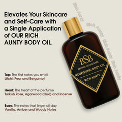 Brown Sugar Babe Rich Aunty Oil ingredients layout featuring avocado and almond oils.