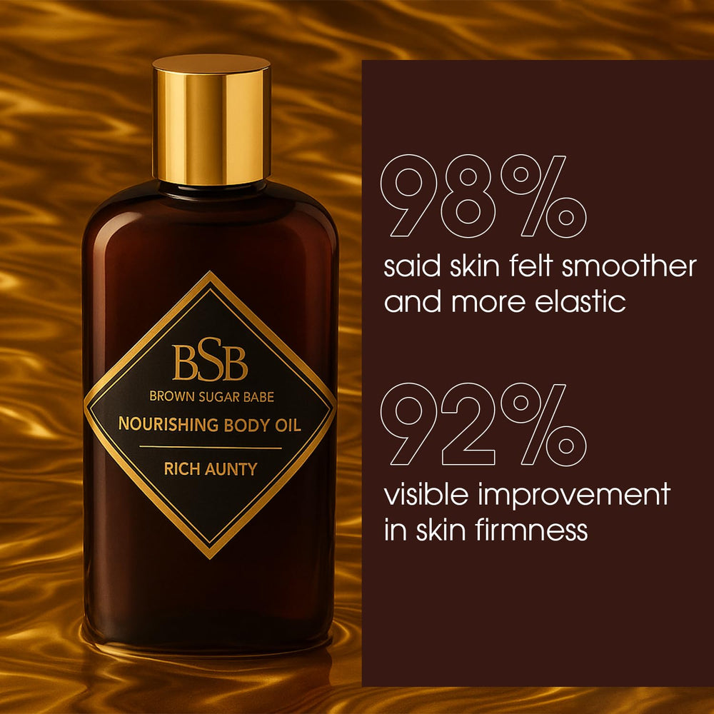 Brown Sugar Babe Rich Aunty Oil at pulse points for scent longevity.