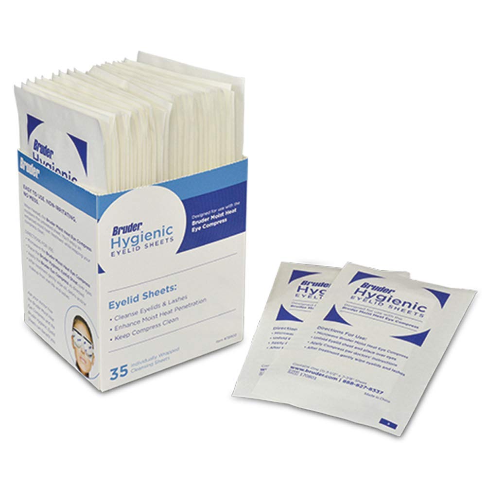 Bruder eyelid sheets box front for portable, hygienic eyelid cleaning.