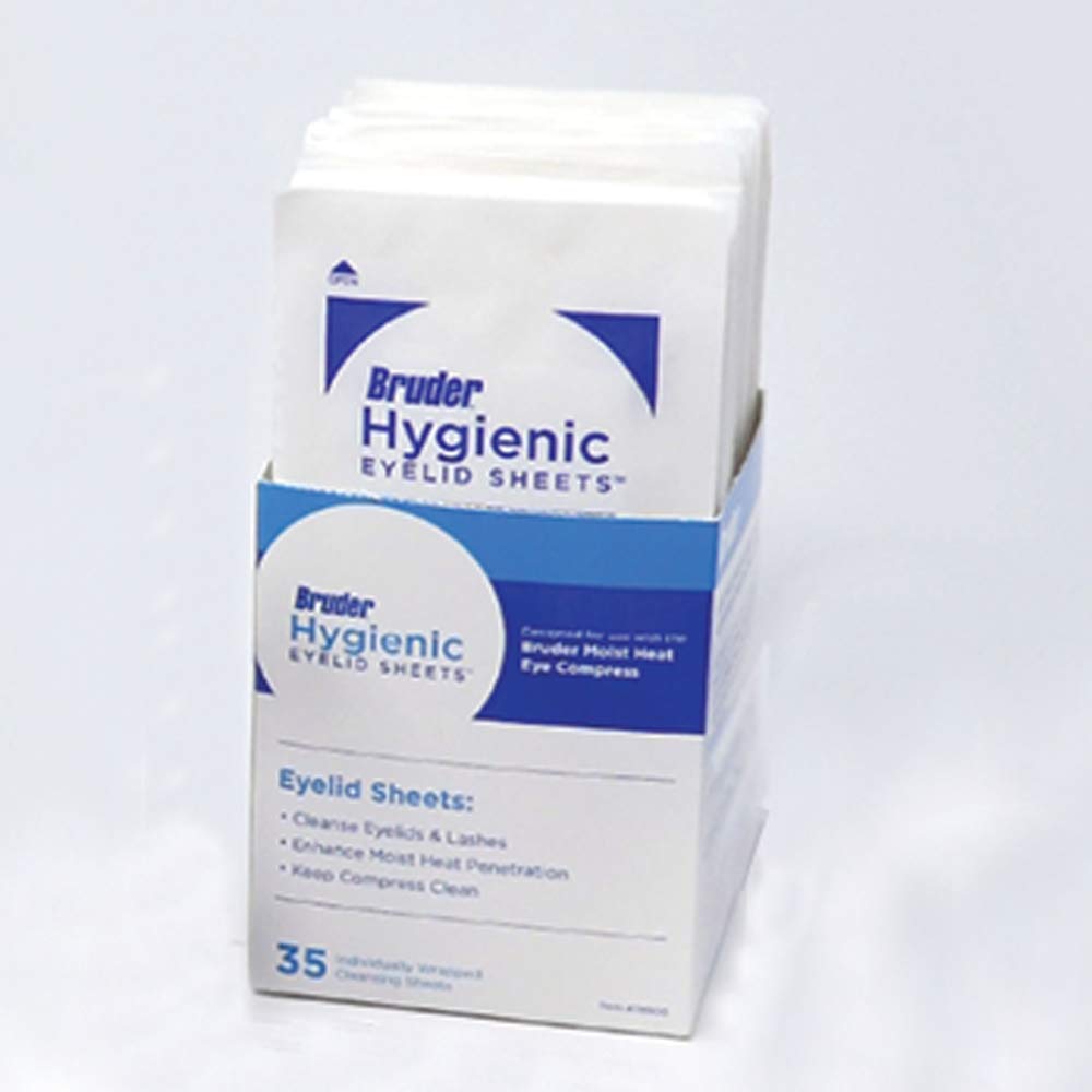 Bruder eyelid sheets packaging back close-up emphasizes single-use hygiene.