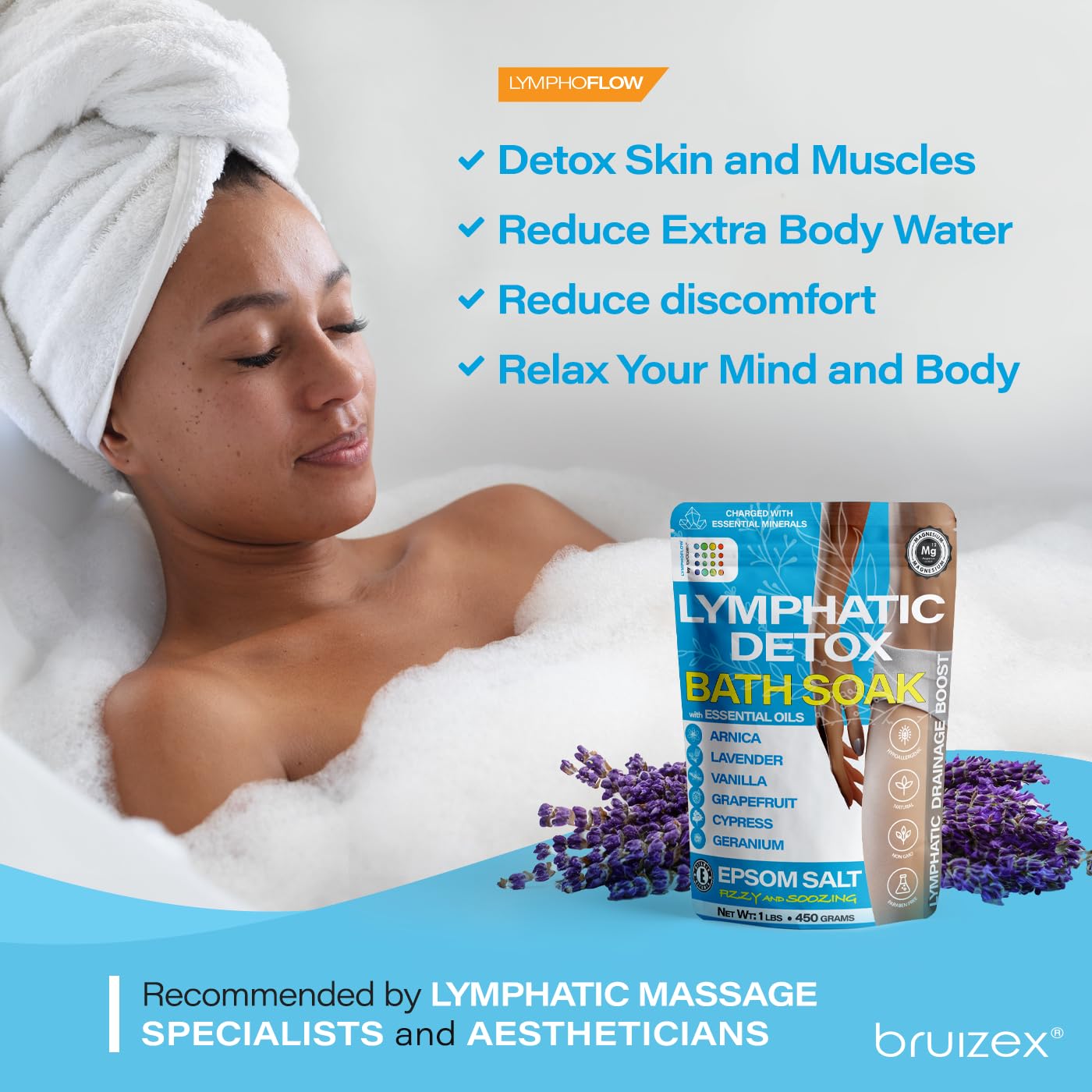Bruizex Arnica Salts pour action shows fizzing bath for quick relaxation.