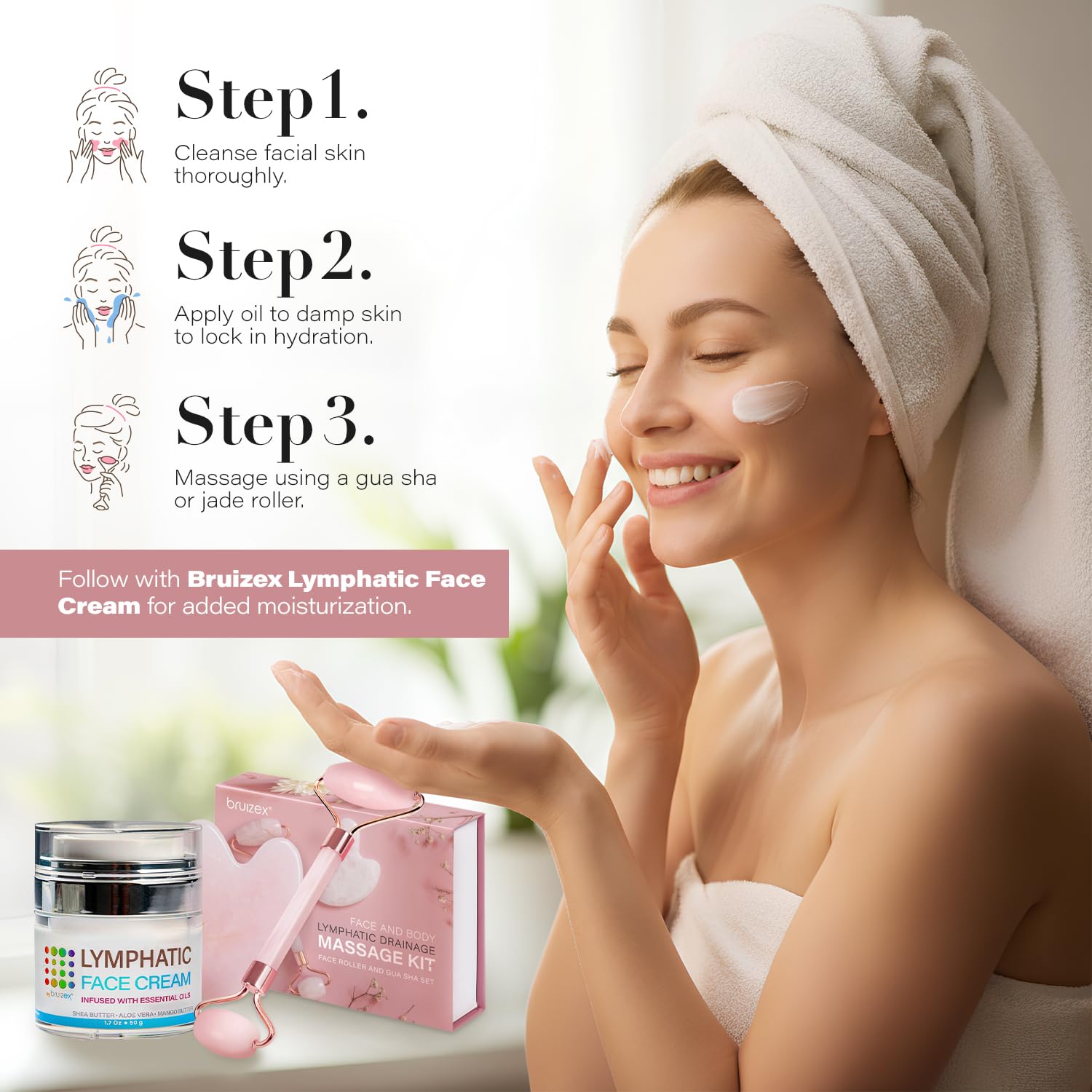 Bruizex jade roller usage applying oil for a soothing facial massage.