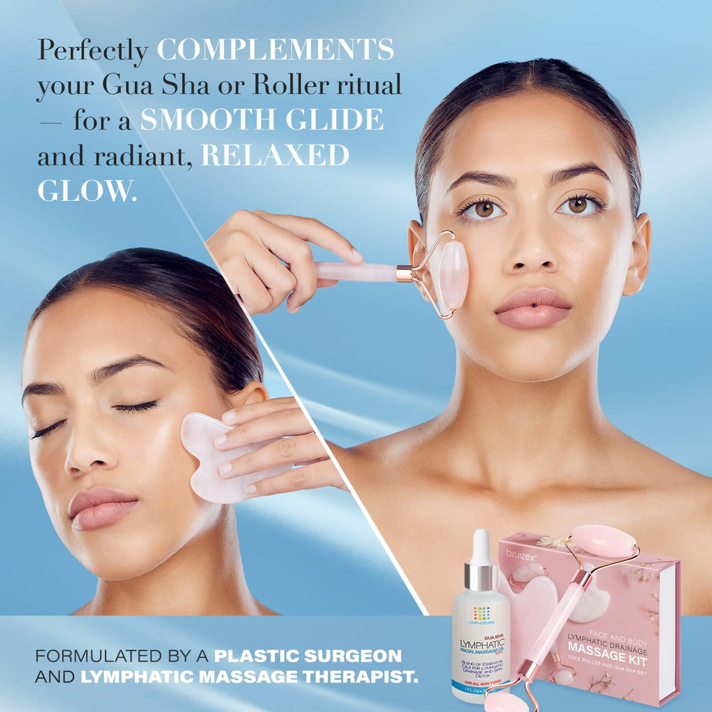 Bruizex using gua sha tool with oil for facial lymphatic massage.