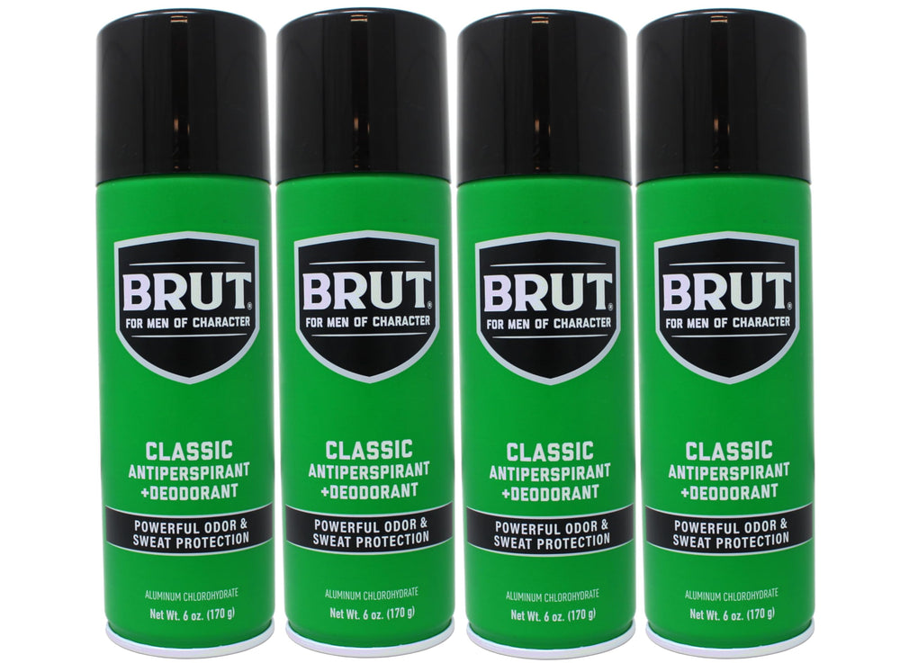 BRUT Classic 6 oz anti-perspirant spray bottles in a four-pack for daily protection.