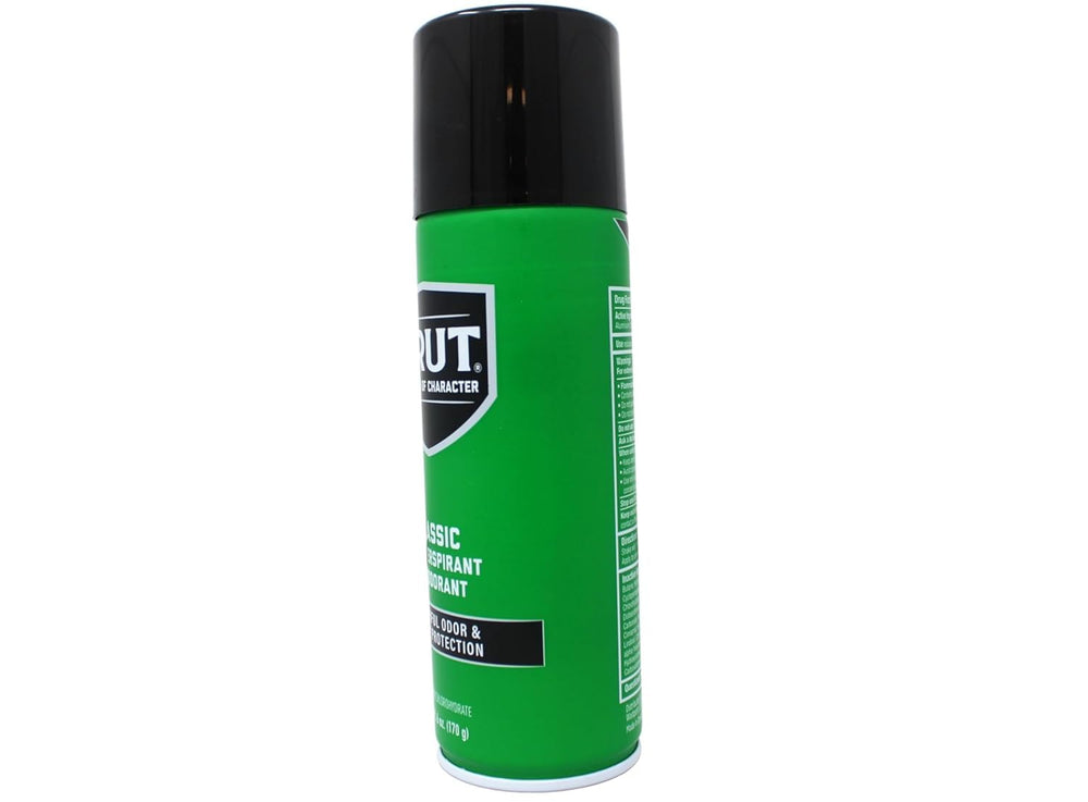 BRUT Classic 6 oz can packaging highlights paraben-free formula and protection.