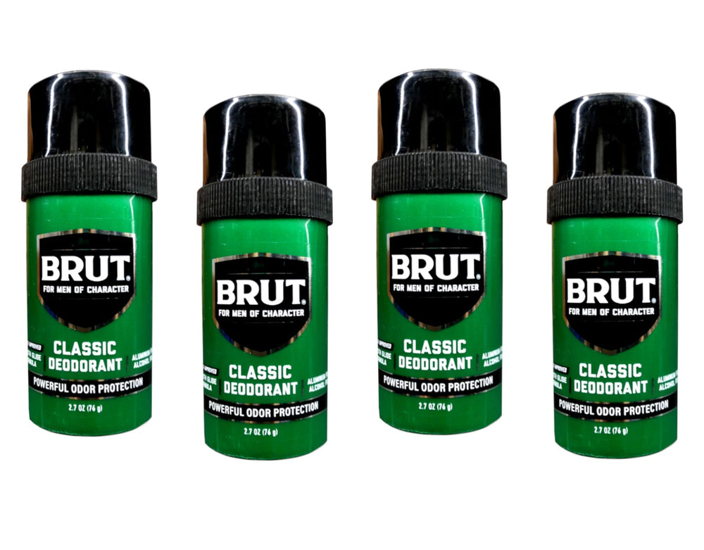BRUT Classic 4-pack packaging emphasizes iconic scent and long-lasting protection