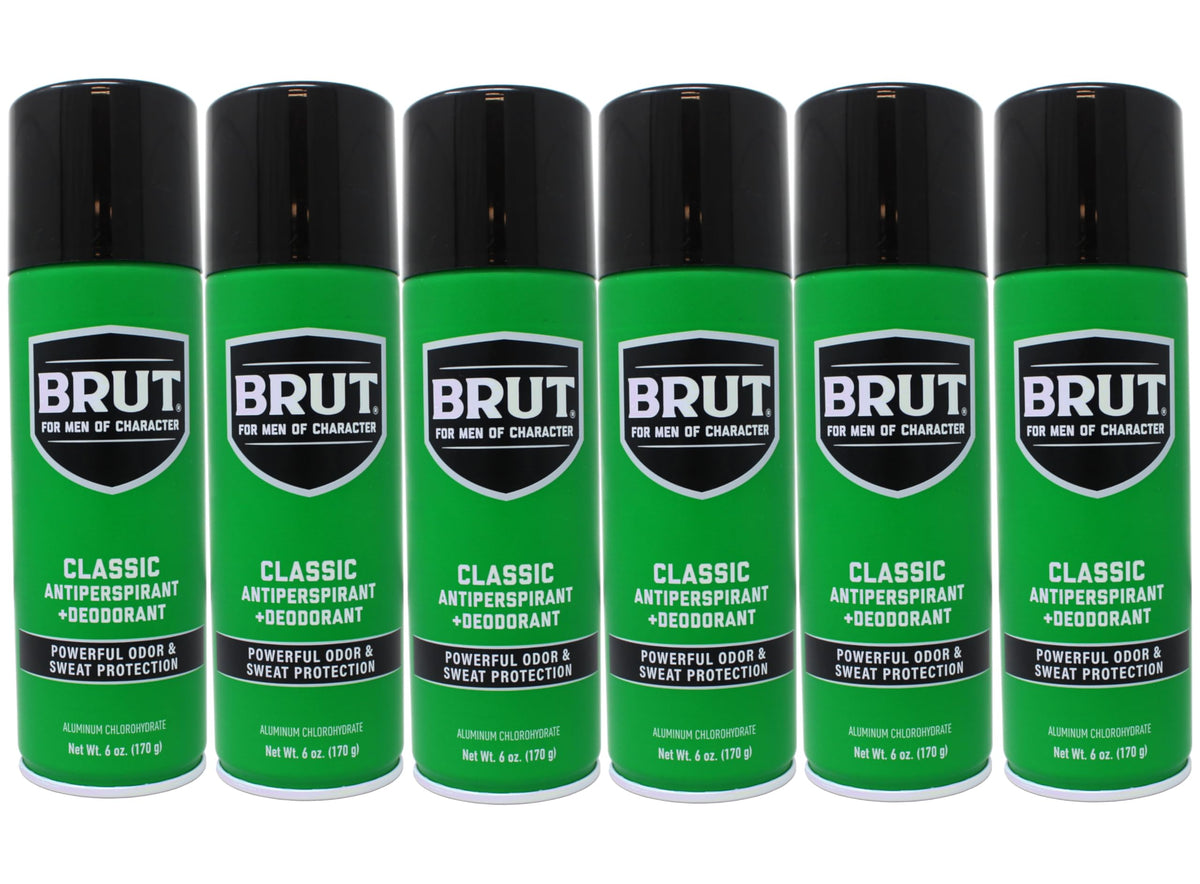 Brut deodorant aerosol 6oz classic scent six-pack with bold, timeless freshness.