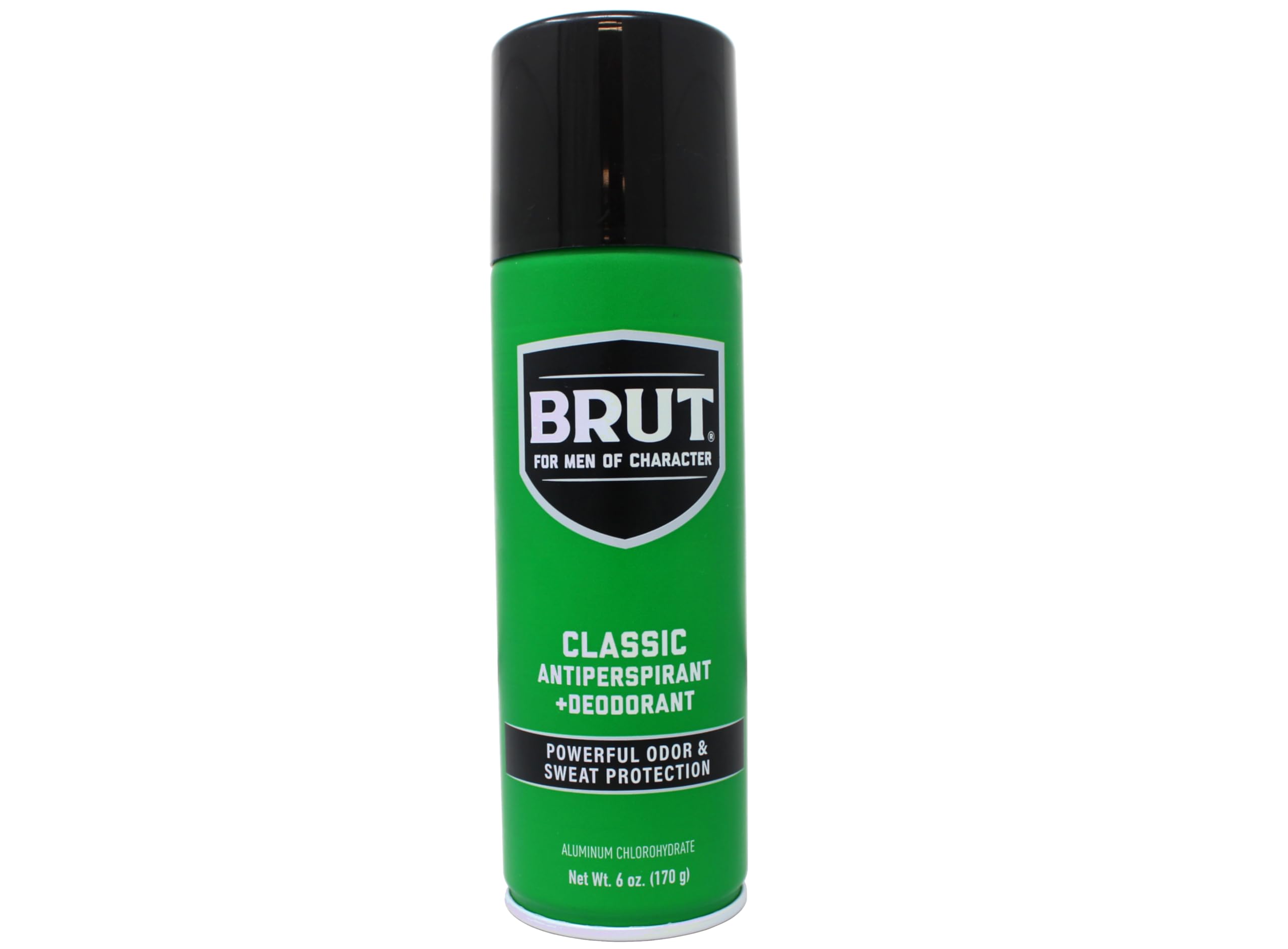 Brut deodorant aerosol close-up showing classic scent and even spray.