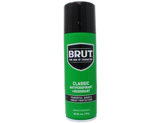 Brut deodorant aerosol close-up showing classic scent and even spray.