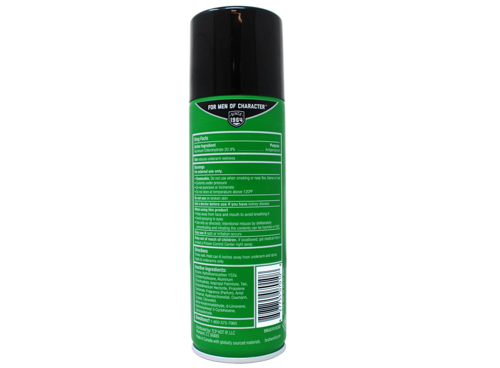 Brut deodorant aerosol 6oz pack in bag emphasizes portable protection.