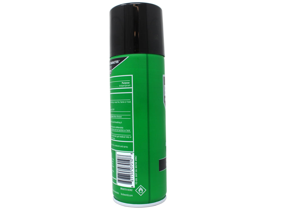 Brut deodorant aerosol 6oz pack side view highlighting 6-pack convenience.