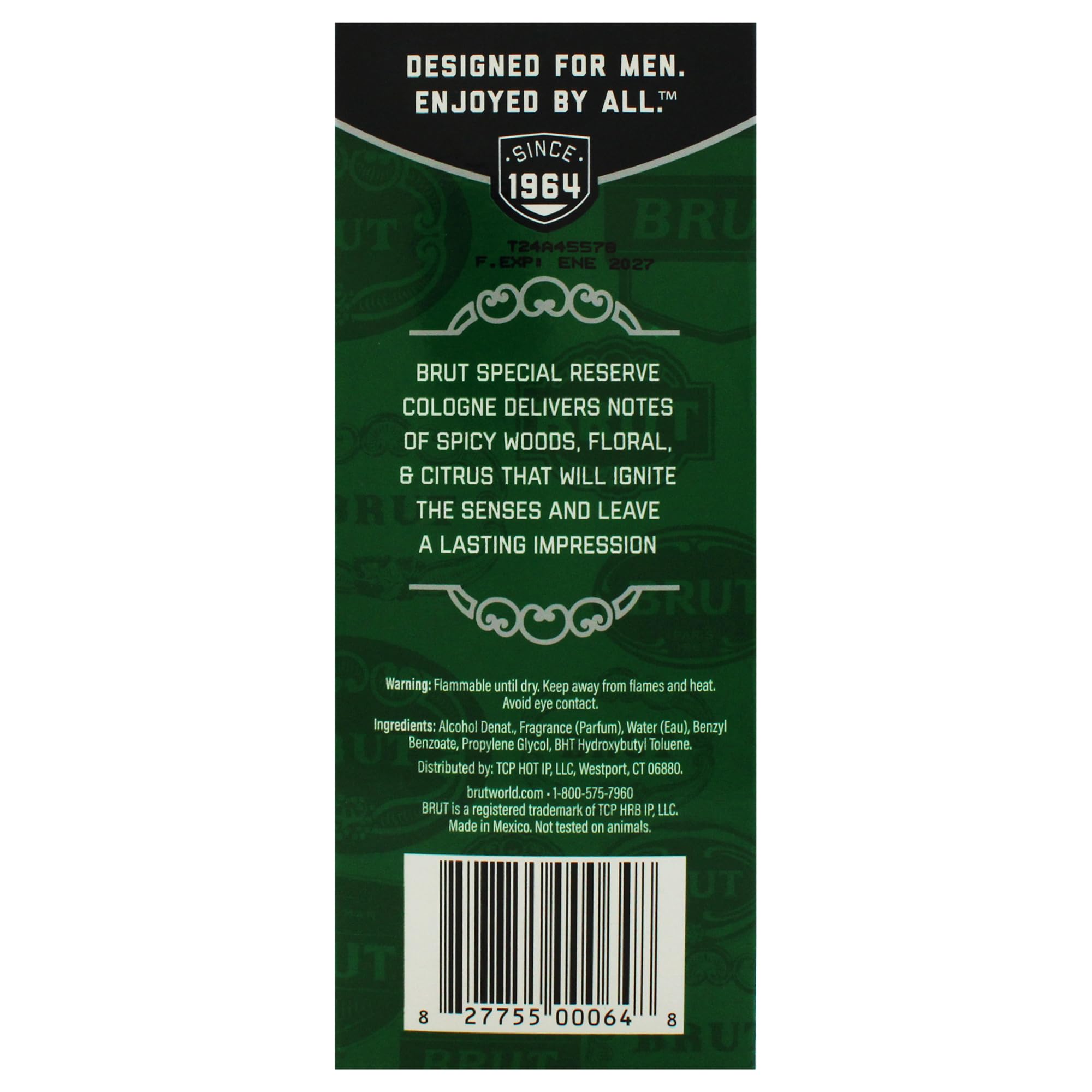 Brut Special Reserve model holding bottle conveys portable, everyday confidence.