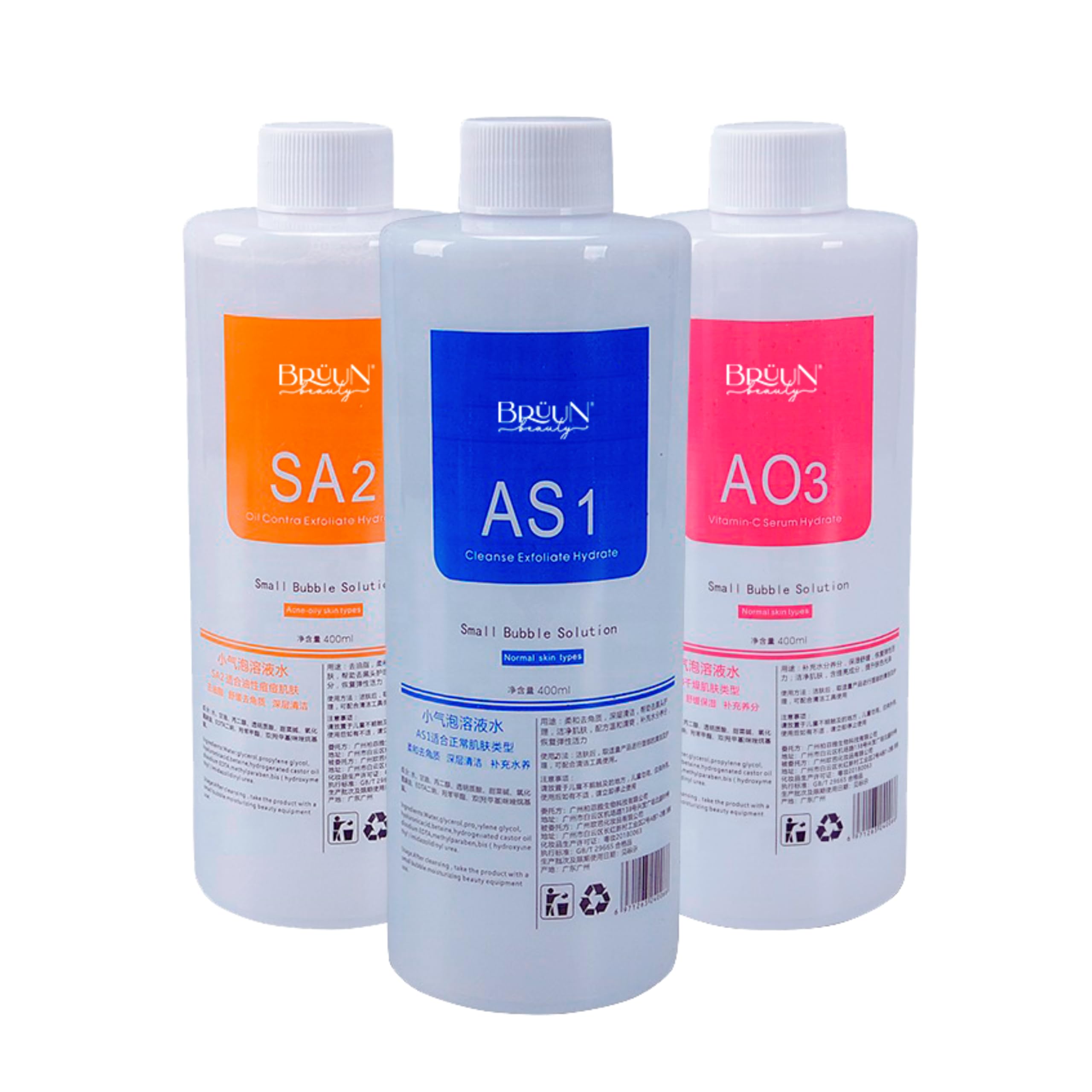 BRÜUN box-trio-pack shows the 3×400ml Aqua Peel bottles included.
