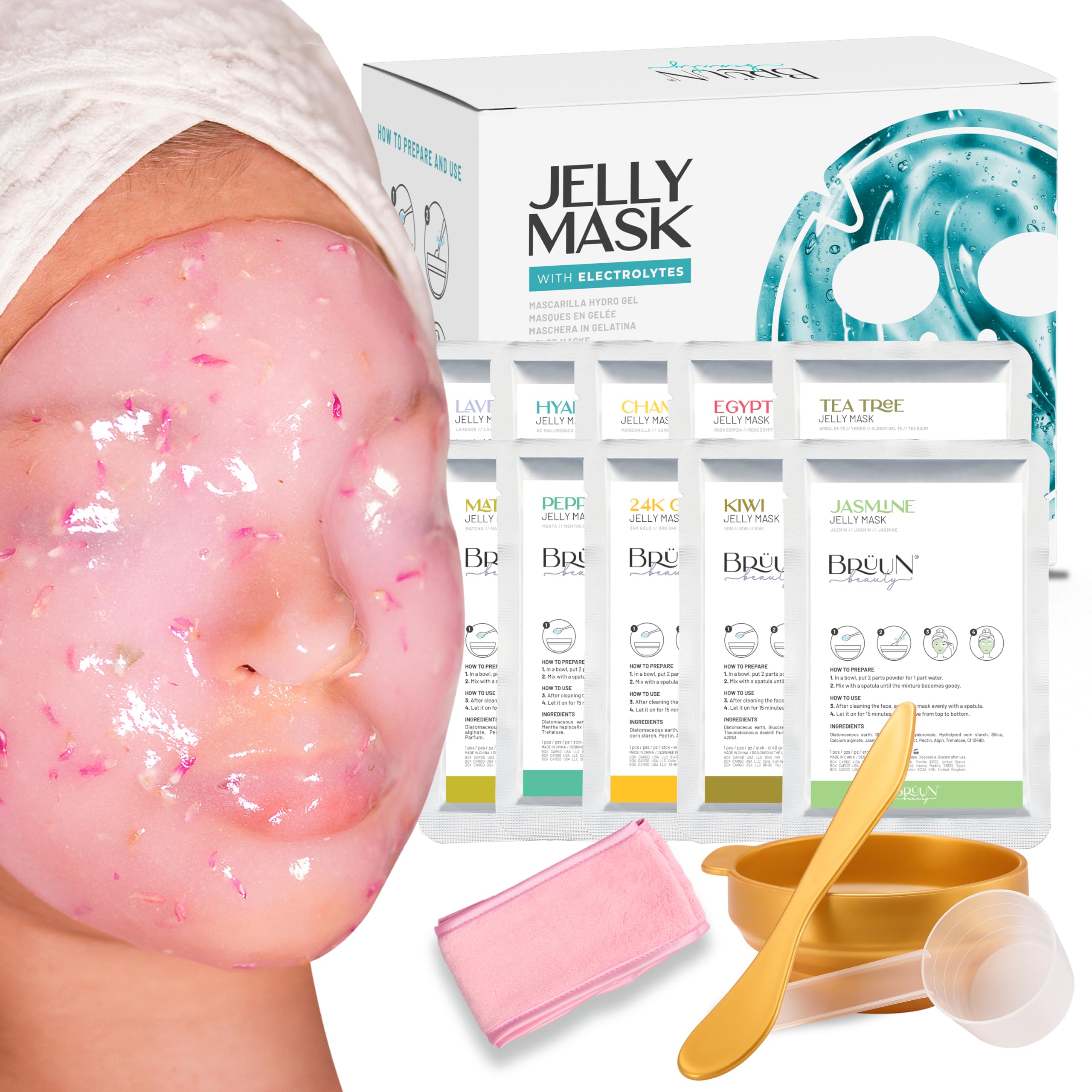 BRÜUN spa set packaging highlighting premium home-use jelly mask kit