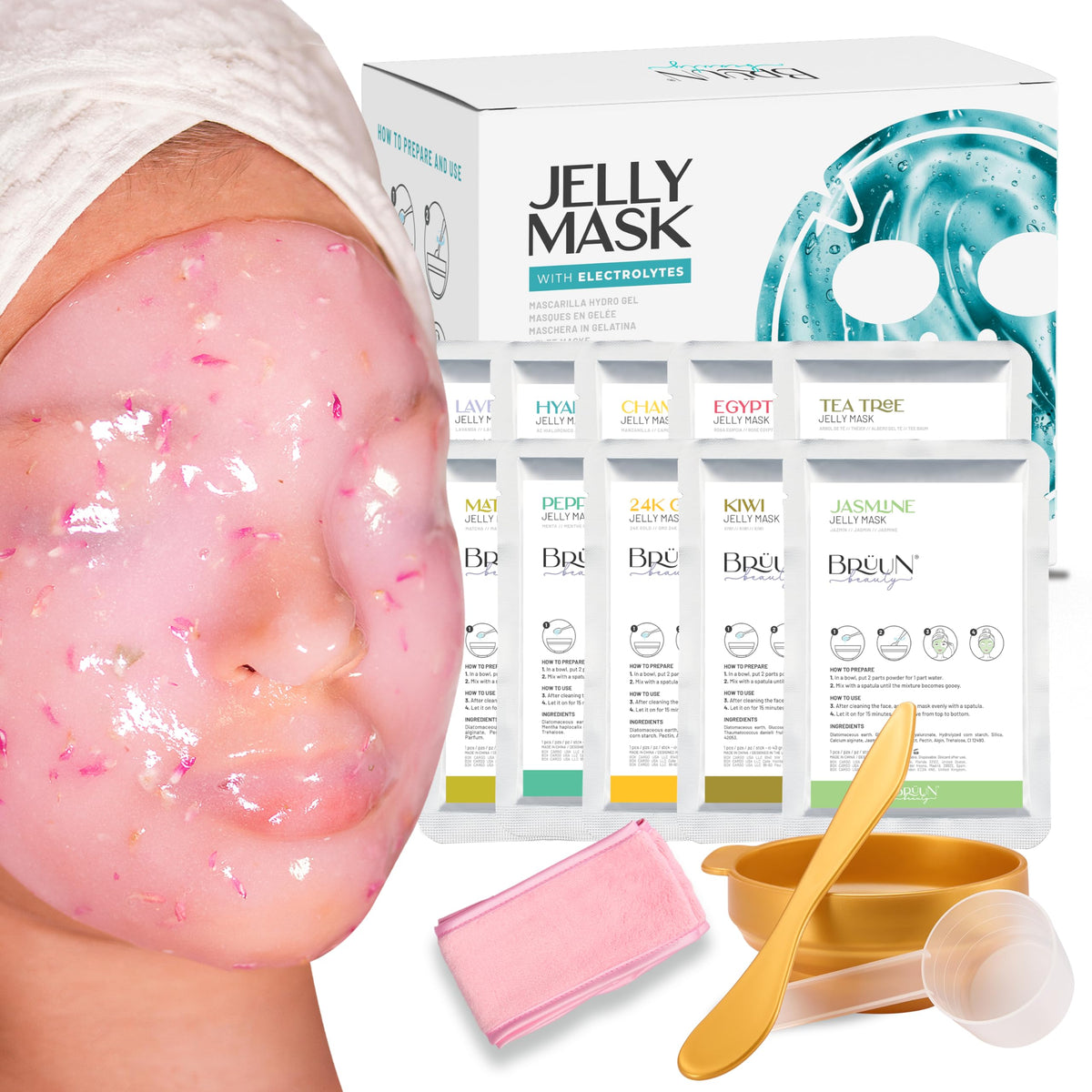 BRÜUN spa set packaging highlighting premium home-use jelly mask kit