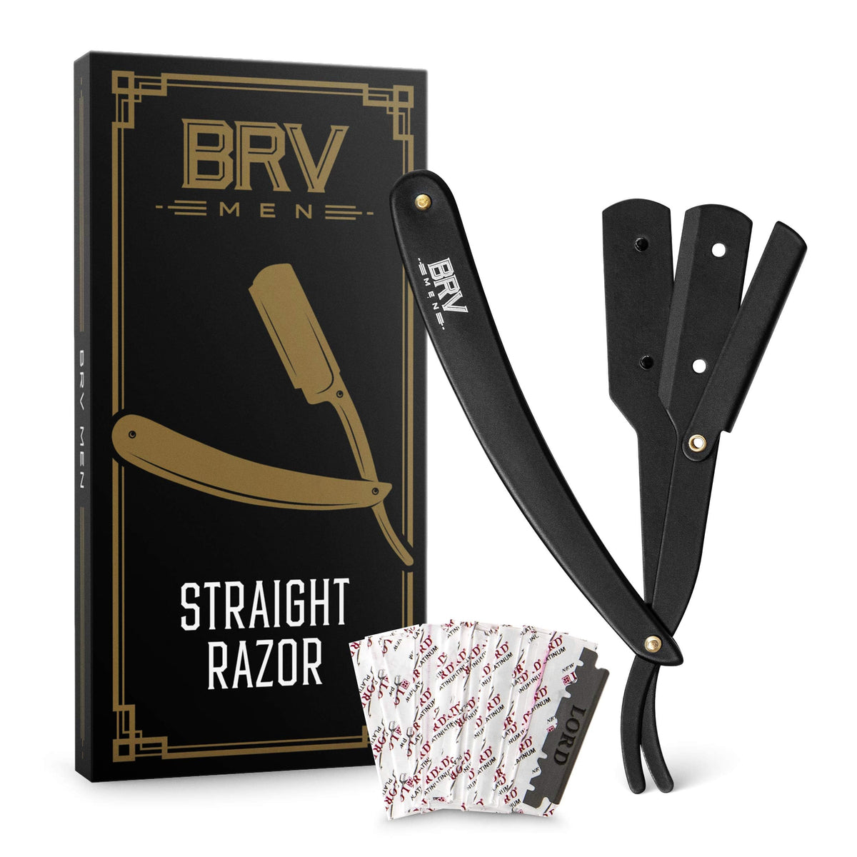 BRV MEN professional straight edge razor in black offers precise, close shaves with durable construction.