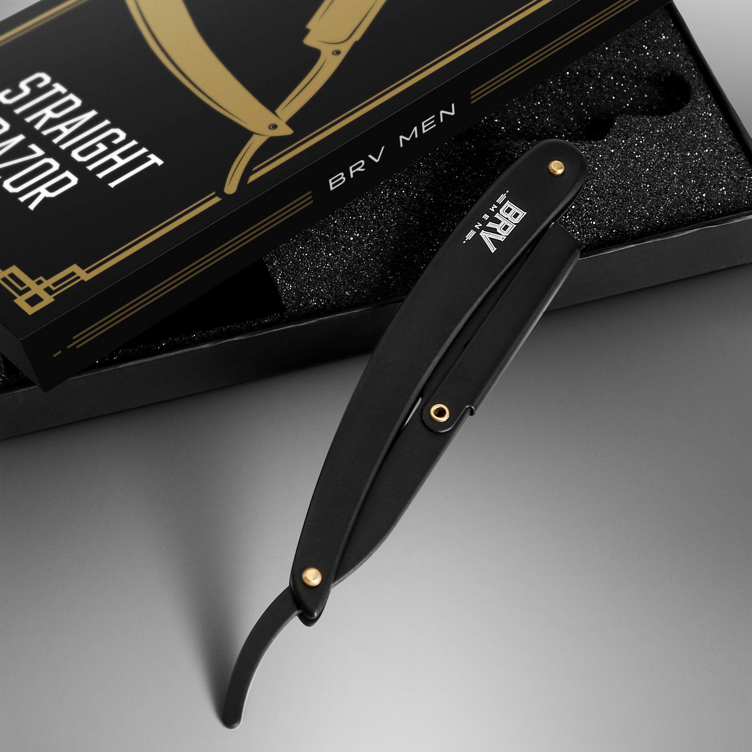 BRV MEN ergonomic straight razor handle provides a comfortable grip for steady contour shaving.