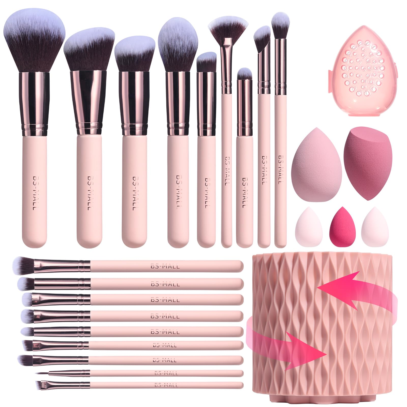BS-MALL 18-piece makeup brush set with pink wooden handles for smooth, even makeup application