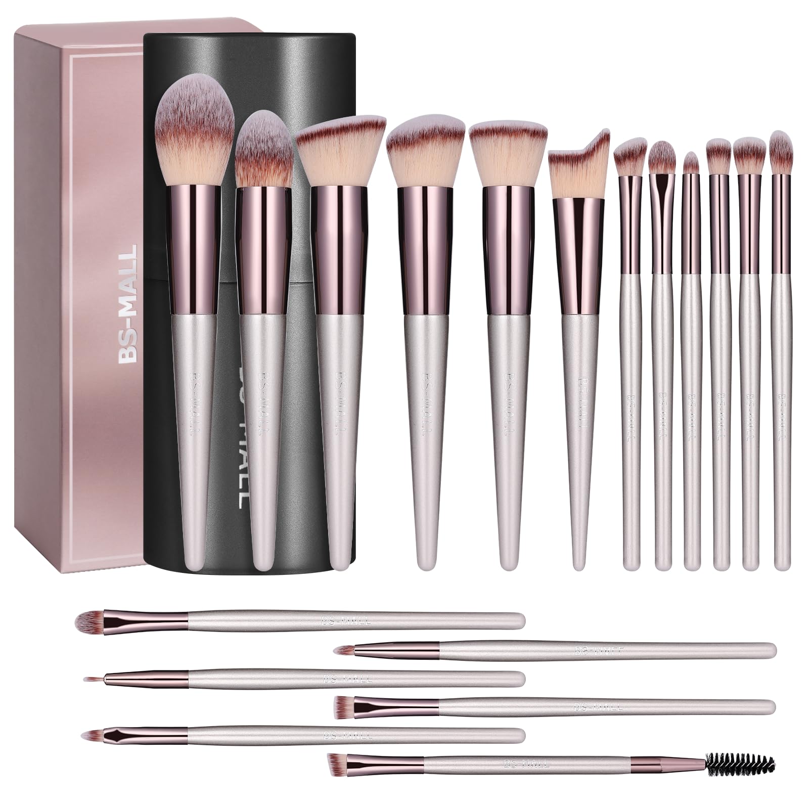 BS-MALL 18-piece makeup brush set in black case for on-the-go touch-ups.