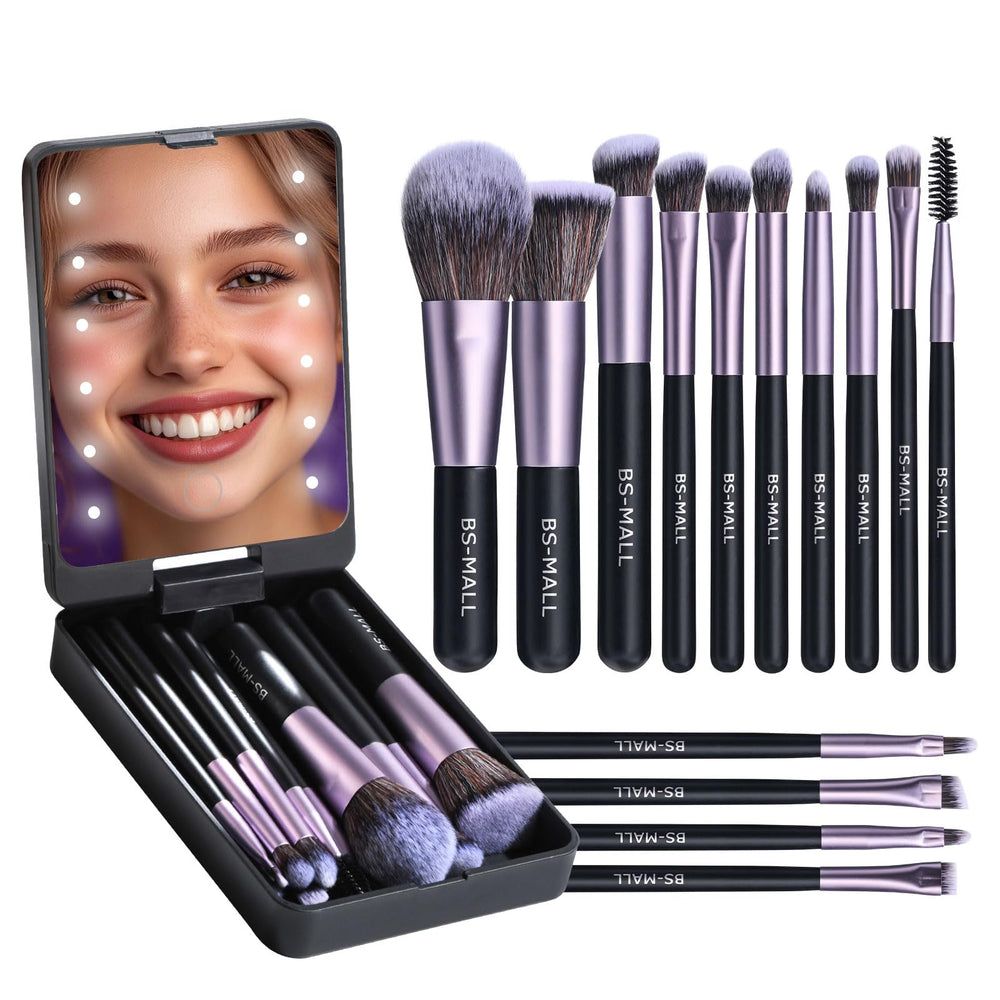 BS-MALL travel makeup brush set in purple with 14 pieces for on-the-go applications.