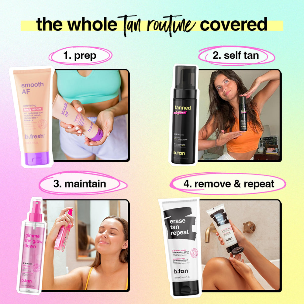 B.TAN no fake tan smell emphasizes scent-free formula.