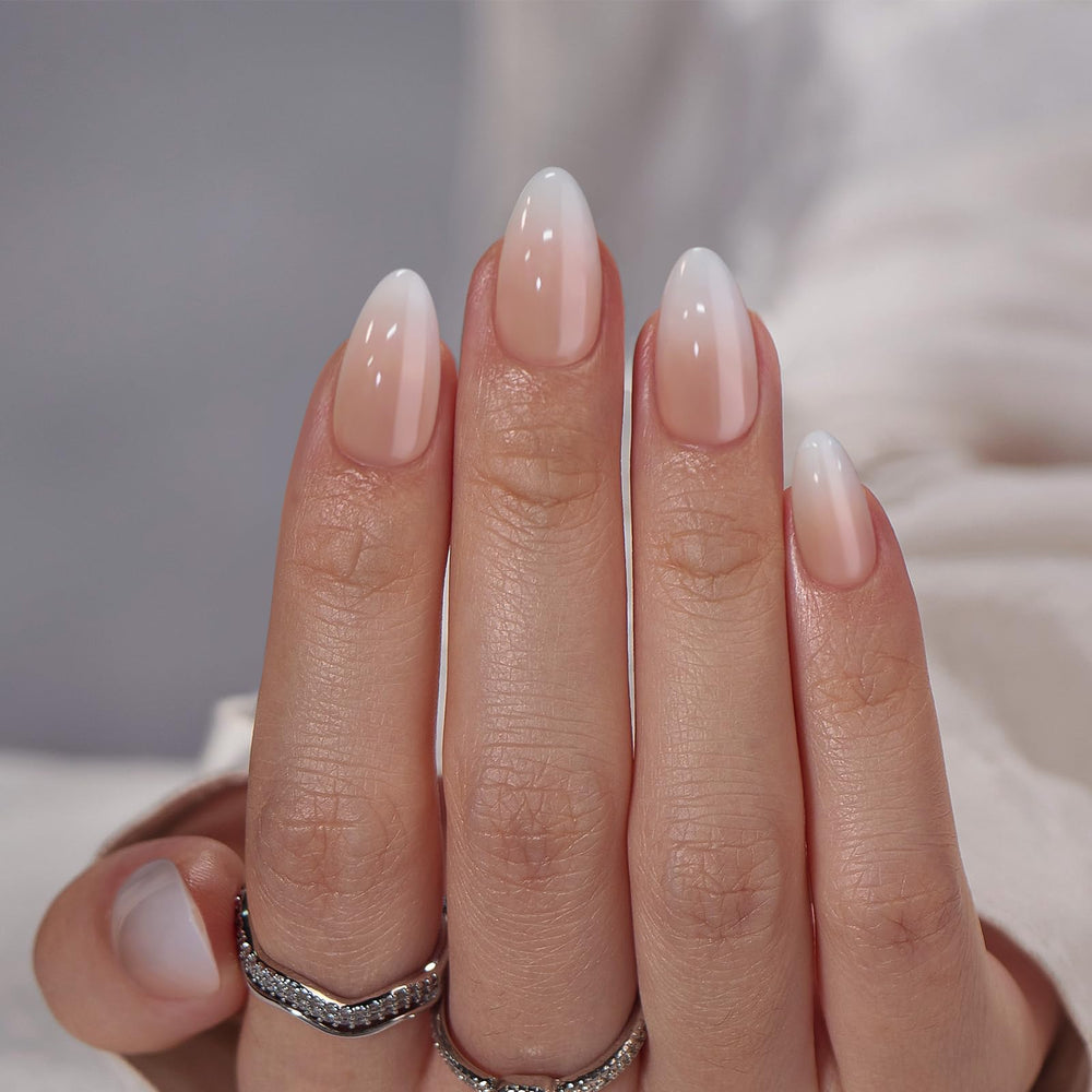 BTArtbox almond press-on nails in vanilla-cream closeup show natural gel finish for easy at-home glam.