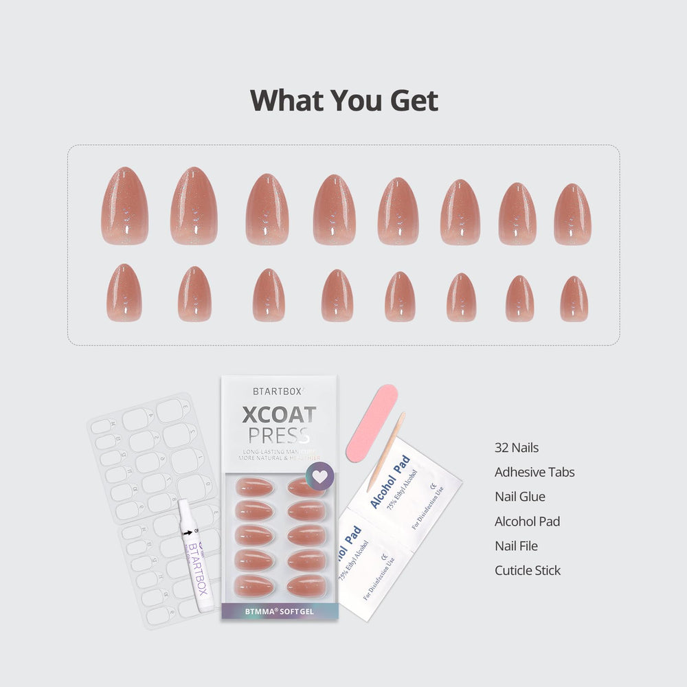 BTArtbox Citrine Glow almond-shape nails worn on nail bed for natural look.