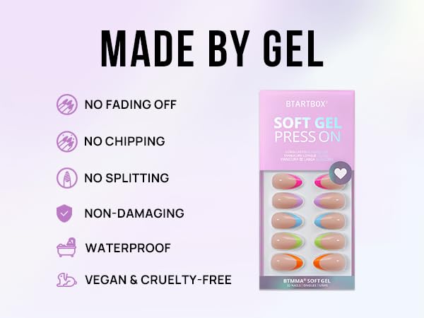 BTArtbox colorful almond nails closeup highlights flexible soft gel fit.
