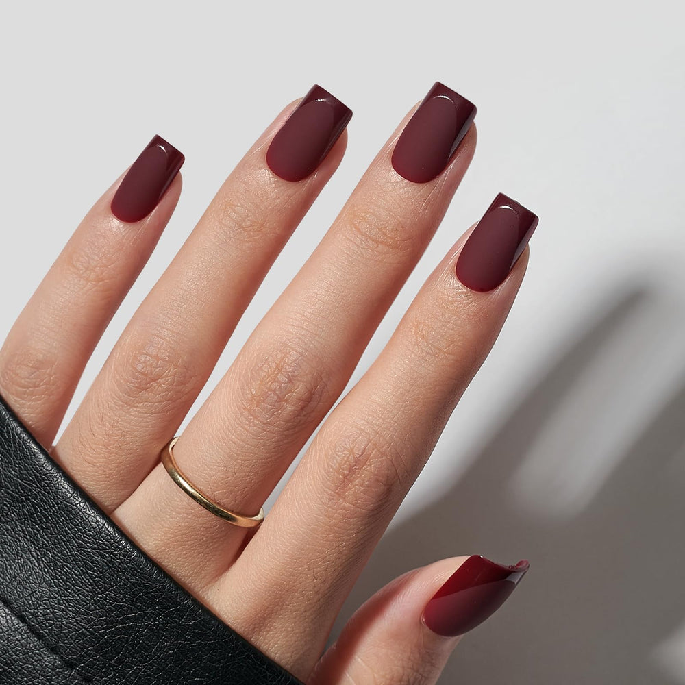 BTArtbox dark red nails with glossy French tips, matte finish for versatile style