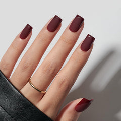 BTArtbox dark red nails with glossy French tips, matte finish for versatile style