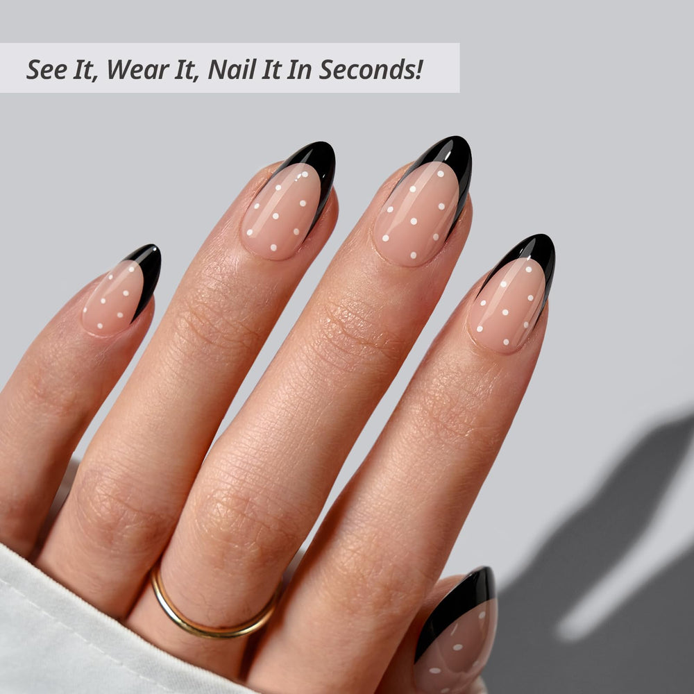 BTArtbox Dot Couture almond black tip application demonstrates quick salon-quality at-home results.