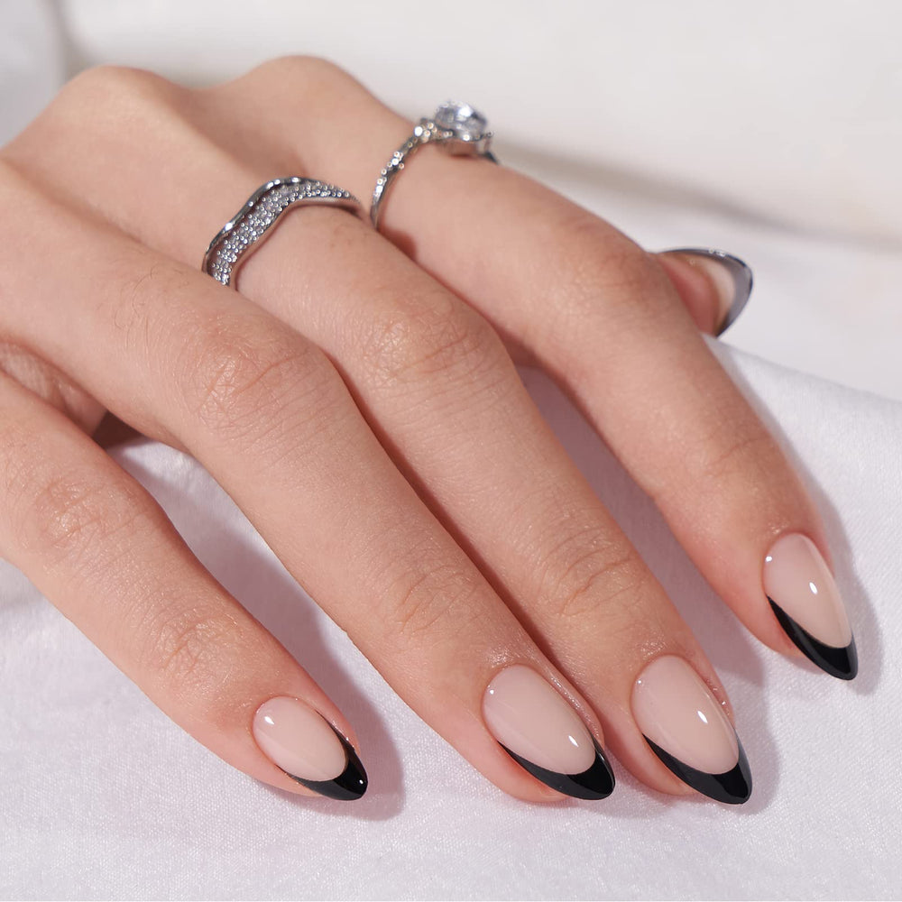BTArtbox French Tip nails almond black on hand showing comfortable fit for everyday wear
