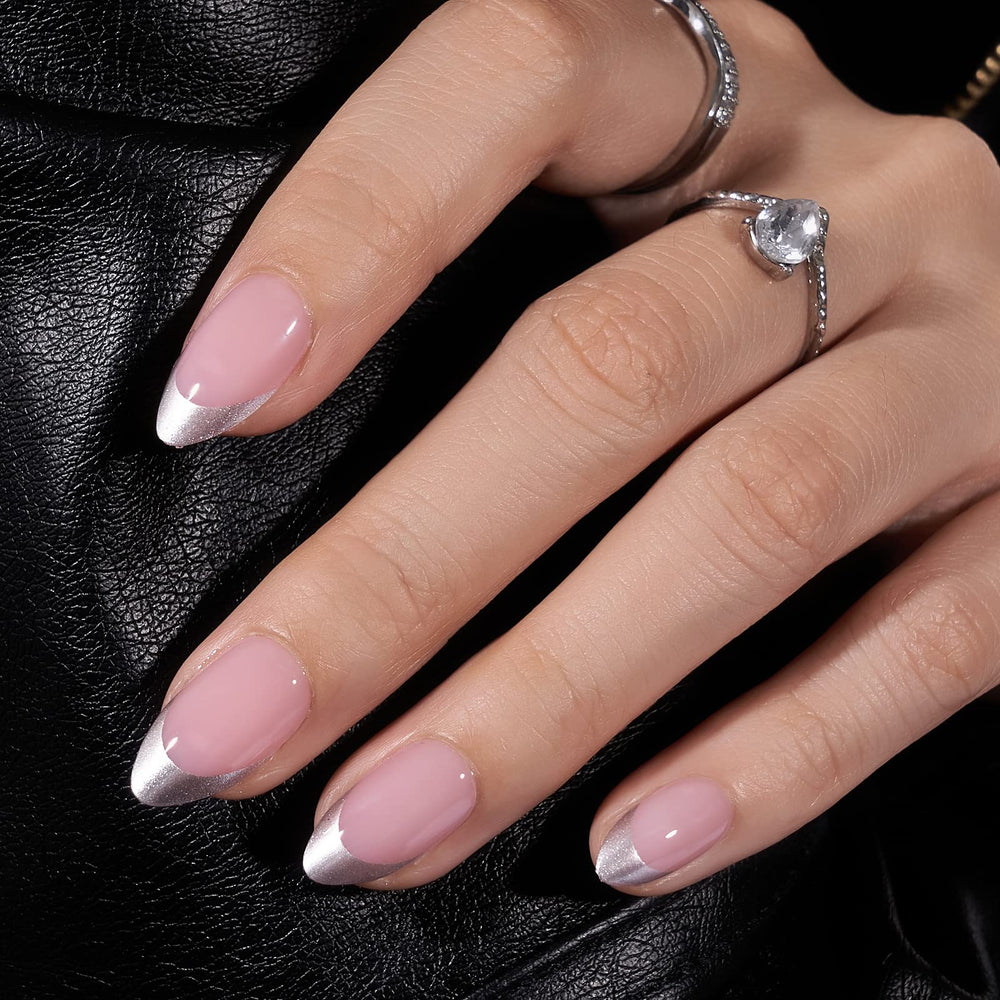 BTArtbox French Tip Press On Nails almond soft gel closeup shows natural fit and glossy finish.